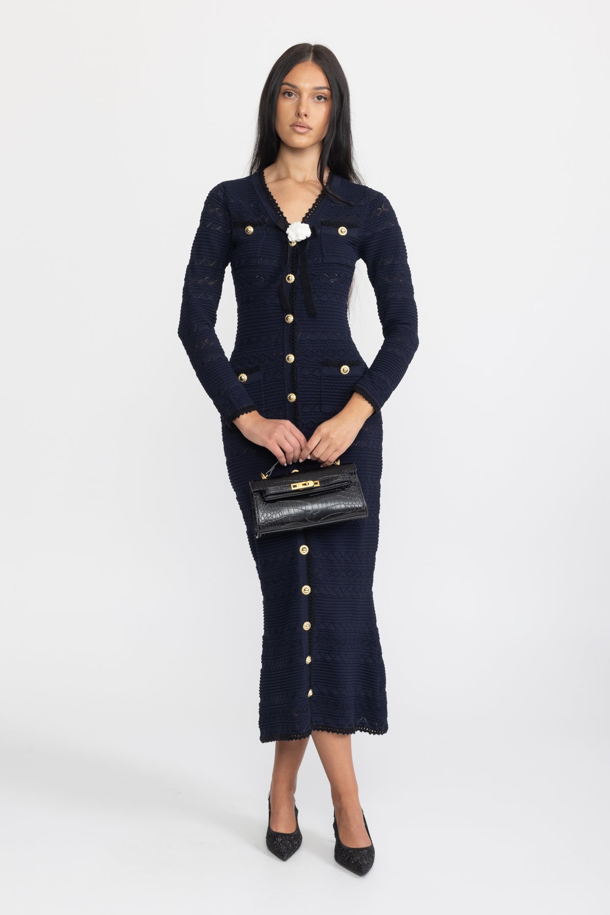 Crochet Trim Knit Button Midi Dress with Flower Brooch - Navy