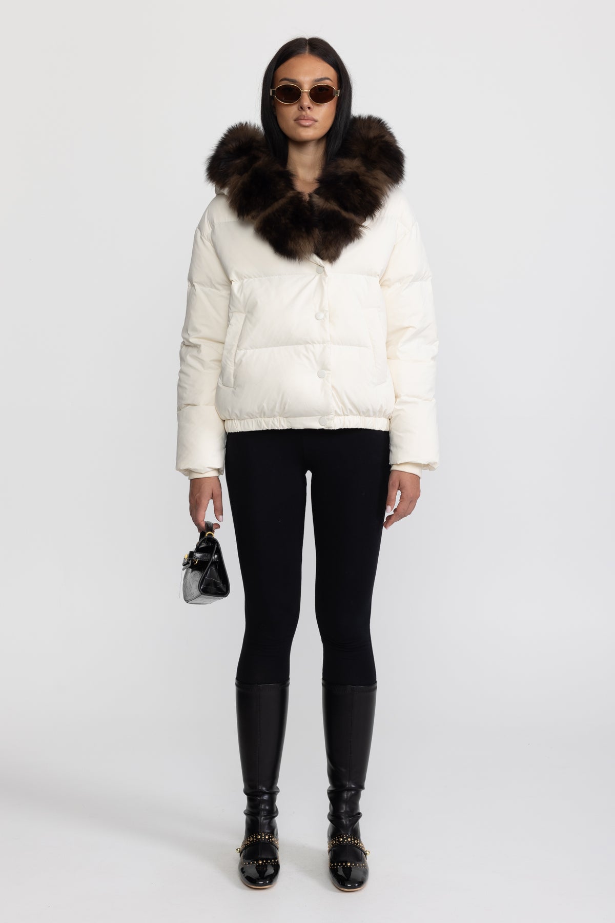 Fox Fur Hood Cropped Down Puffer Jacket - Ivoire