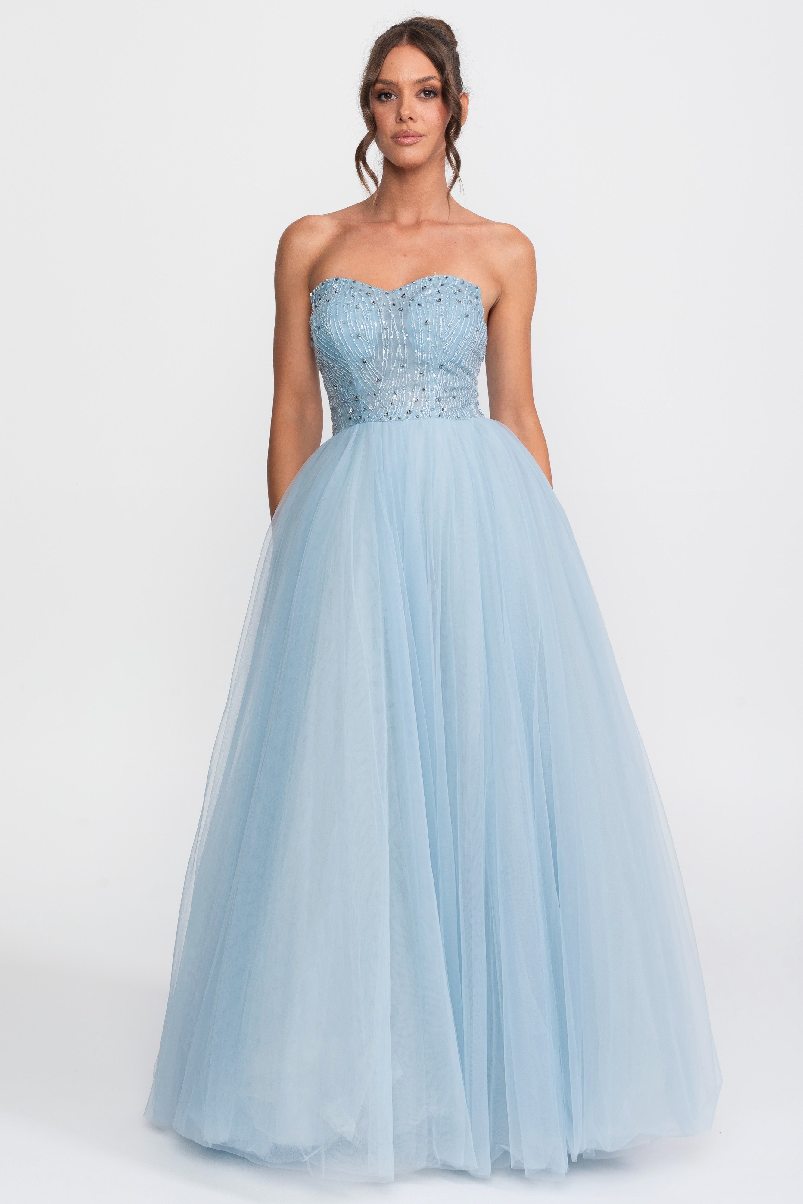Robe de bal bustier en tulle avec ornements de sequins - Light Blue 