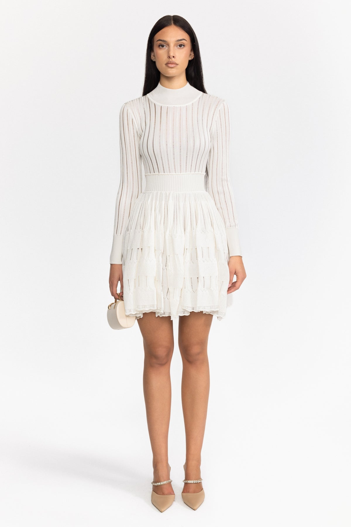 Robe patineuse mini à manches longues en maille ajourée effet ladder - blanc 