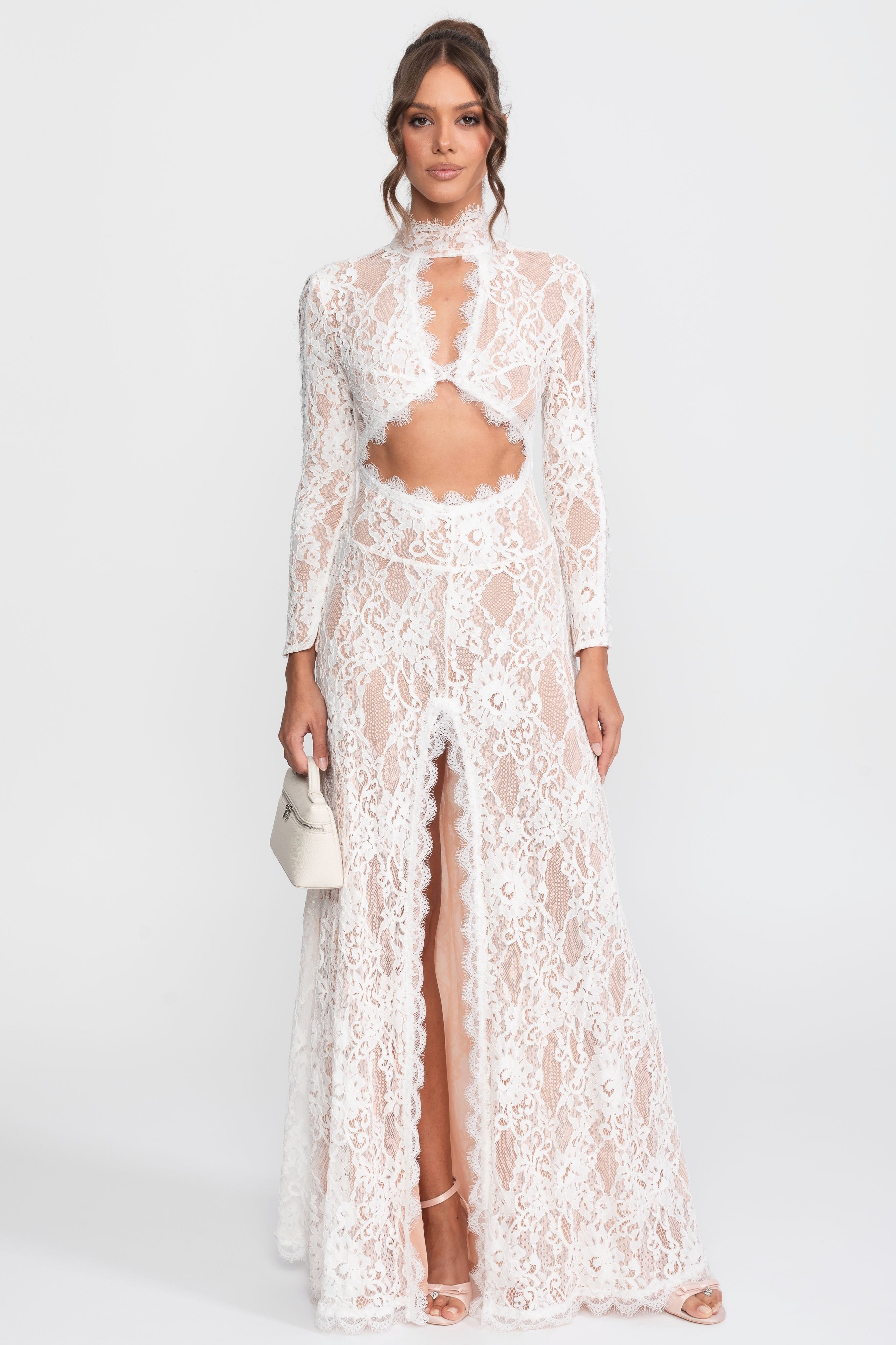 Robe élégante en dentelle avec col montant, découpe frontale et fente - blanc 