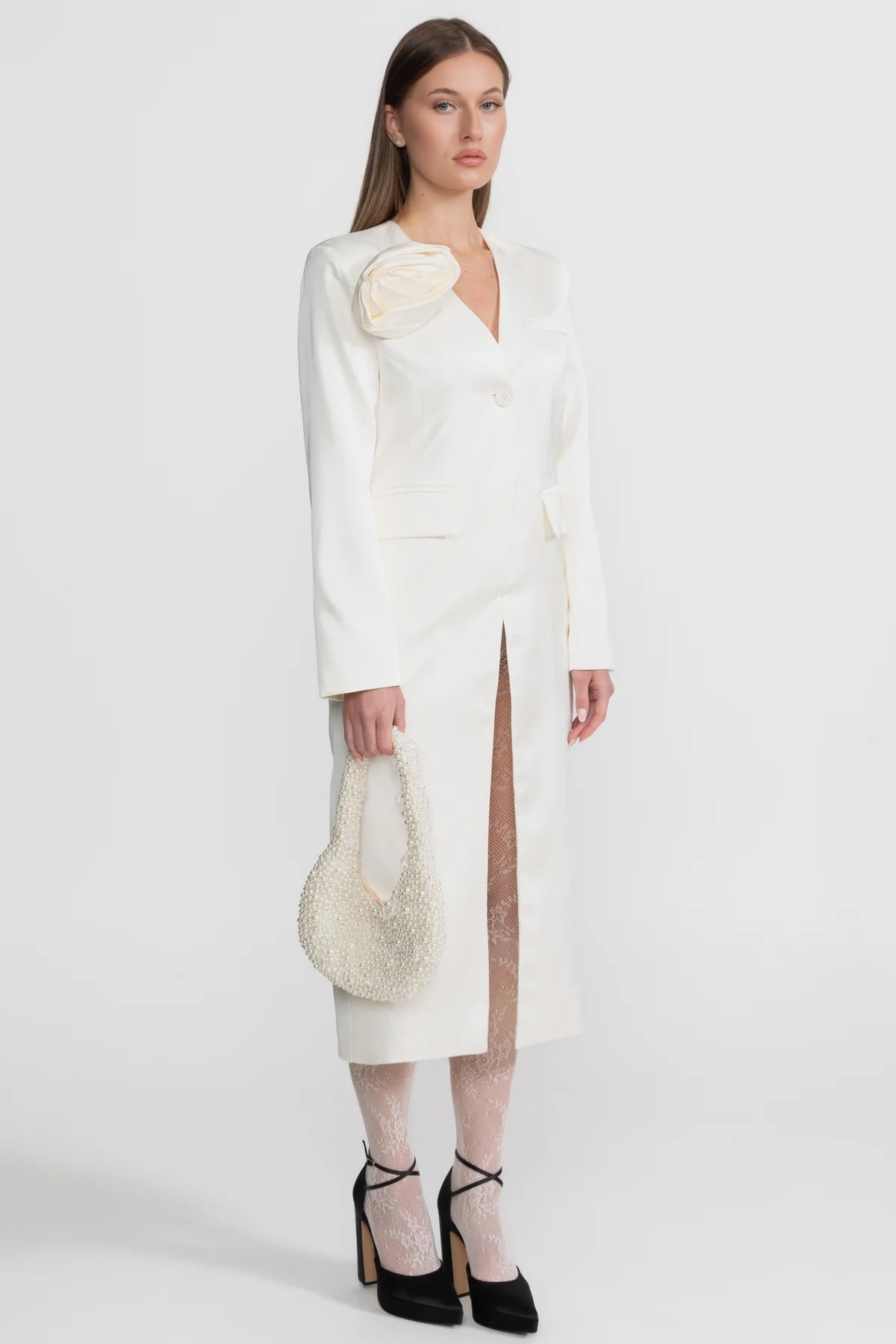 Satin Rose Embellished Blazer Dress – Ivoire