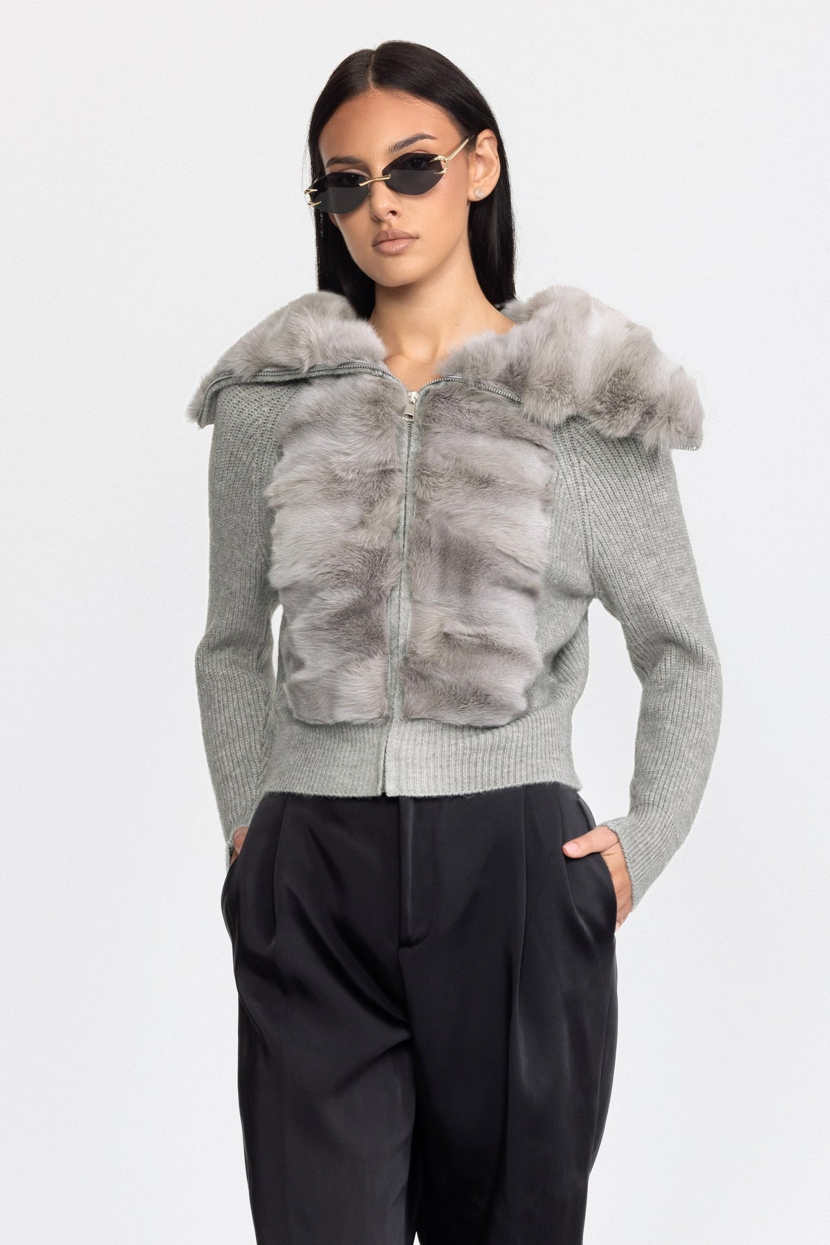 Cardigan zippé en maille à empiècement en fourrure de lapin - Gris 