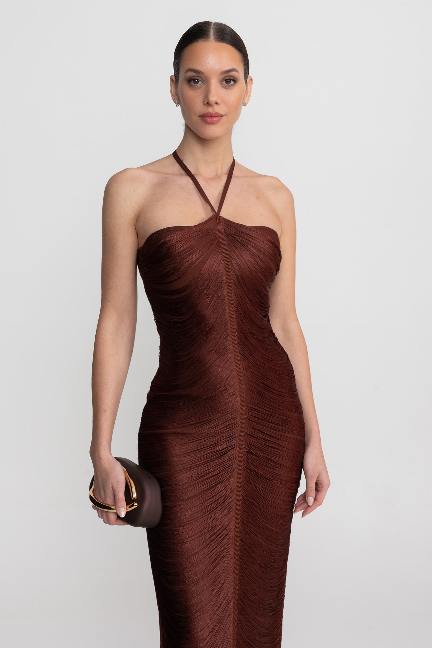 Robe Midi à Col Halter avec Texture Plissée Intégrale - Marron 