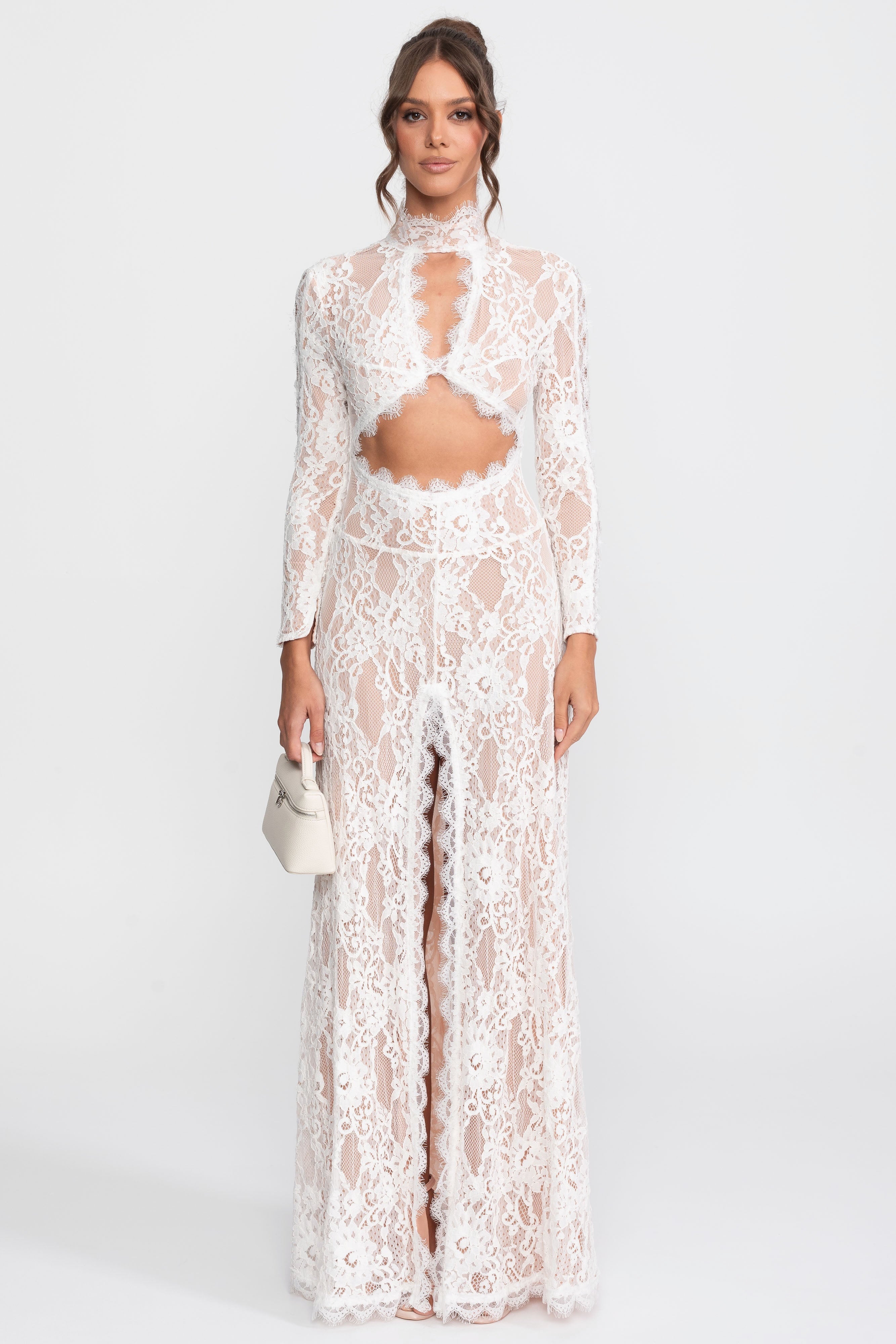 Robe élégante en dentelle avec col montant, découpe frontale et fente - blanc 