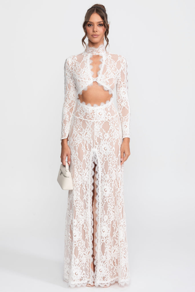 Robe élégante en dentelle avec col montant, découpe frontale et fente - blanc 