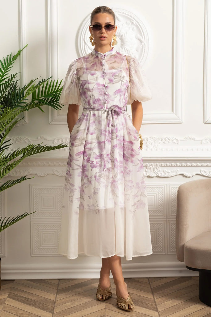 Robe chemise midi en soie transparente avec motif botanique et ceinture à nouer - Blanc/Violet 