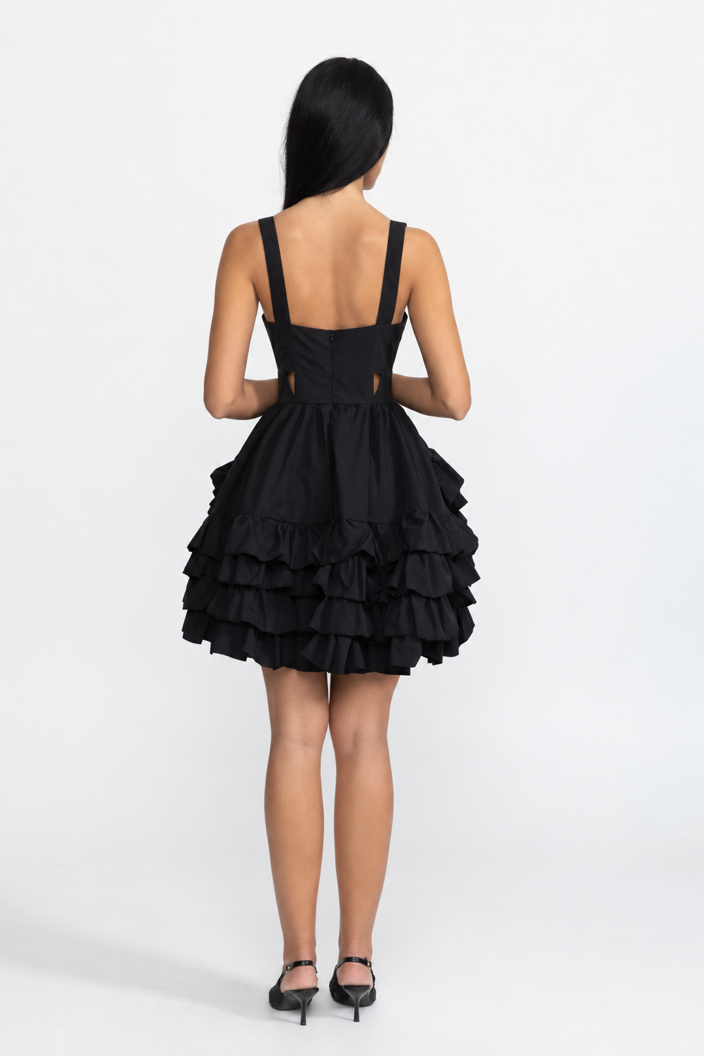 Robe mini à volants avec découpes fleurs brodées - Noir 