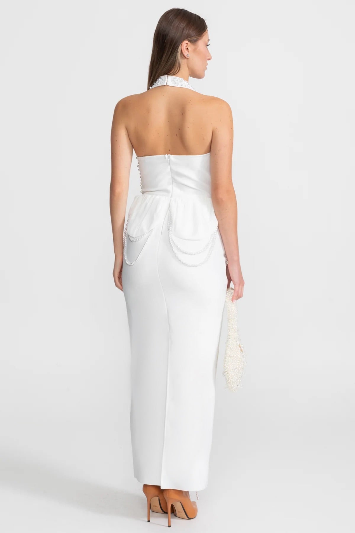 Embellished Halter Maxi Dress With Gathered Peplum Detail – White