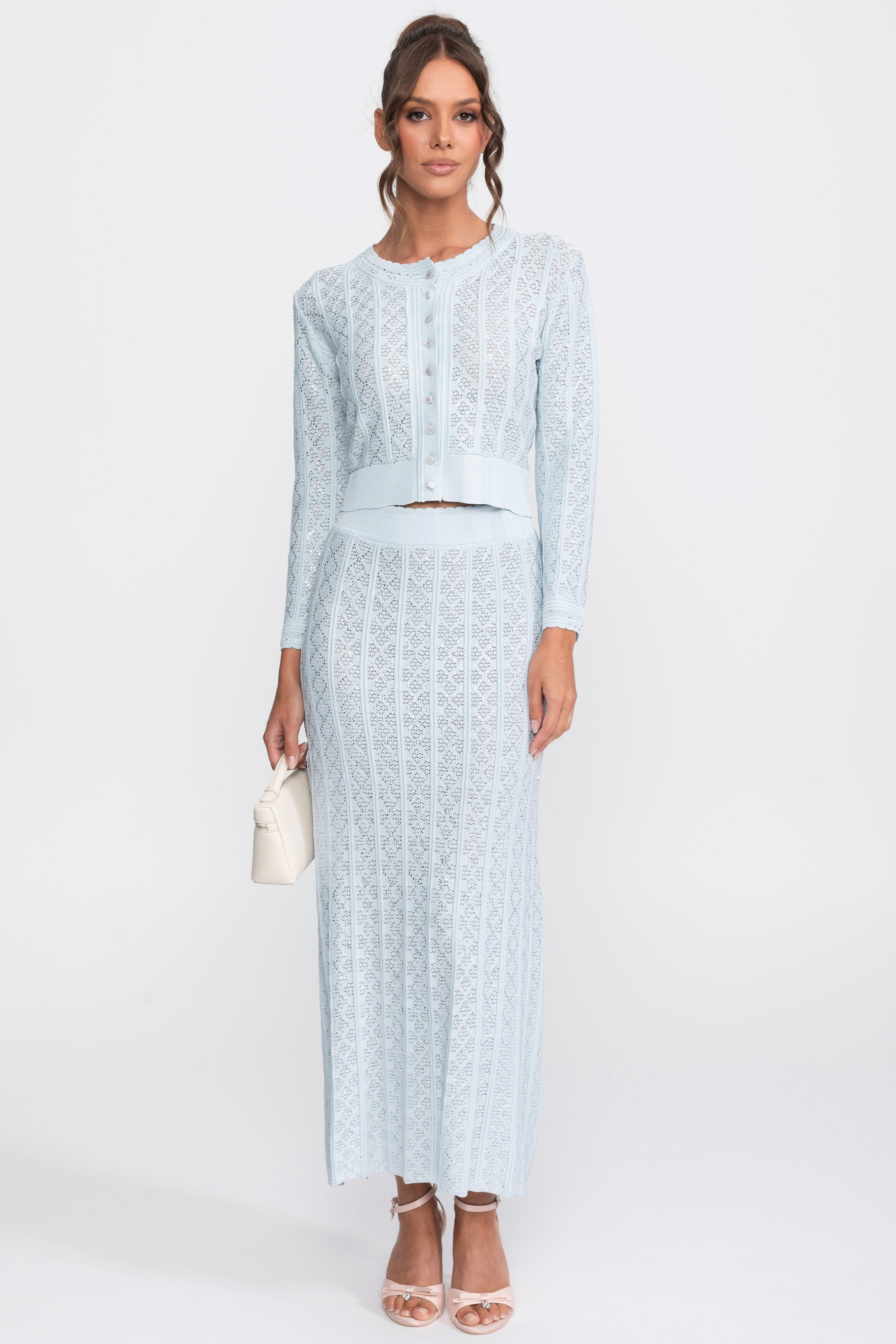 Ensemble coordonné en maille ajourée avec cardigan et jupe longue - Bleu clair 