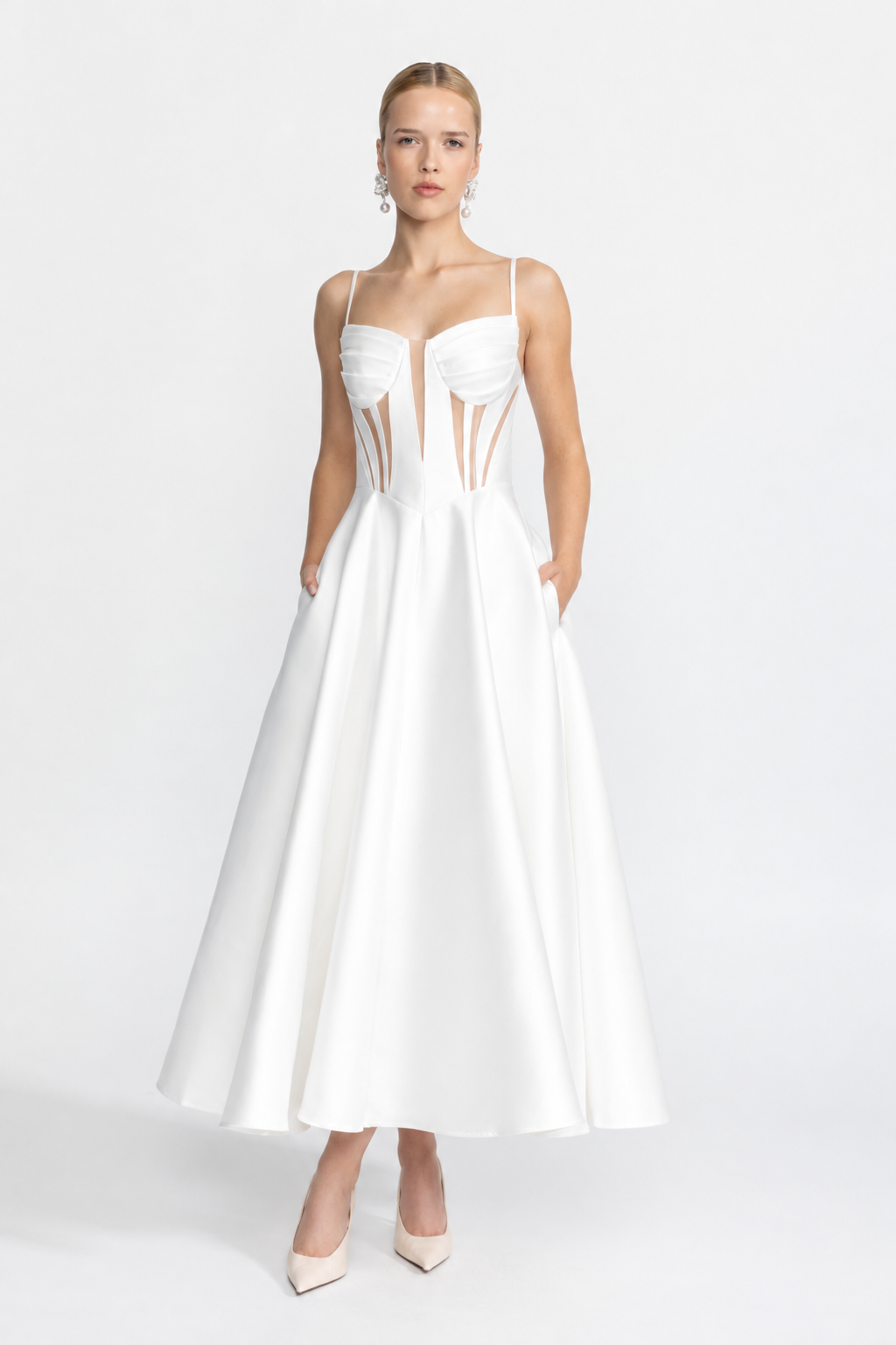 Sheer Panel Satin Corset Midi Dress - White