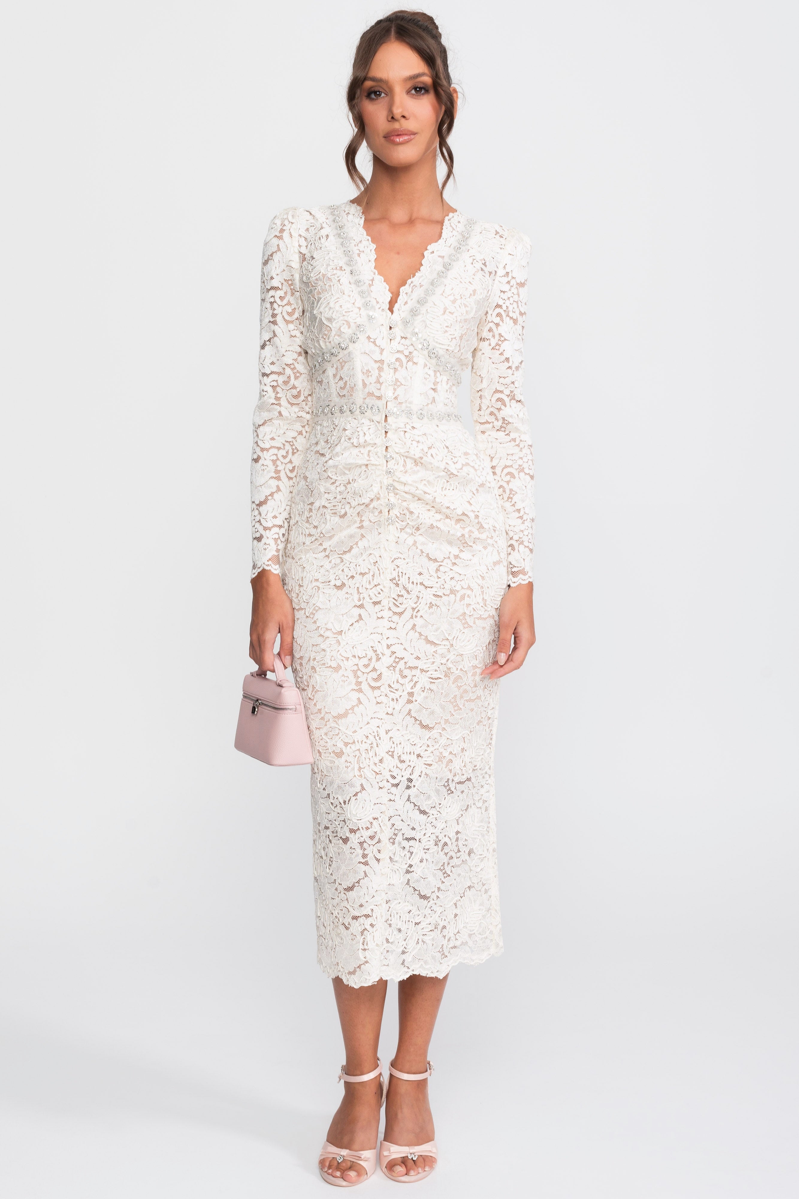 Robe midi en dentelle avec encolure en V ornée de cristaux et détail froncé sur le devant - Blanc 