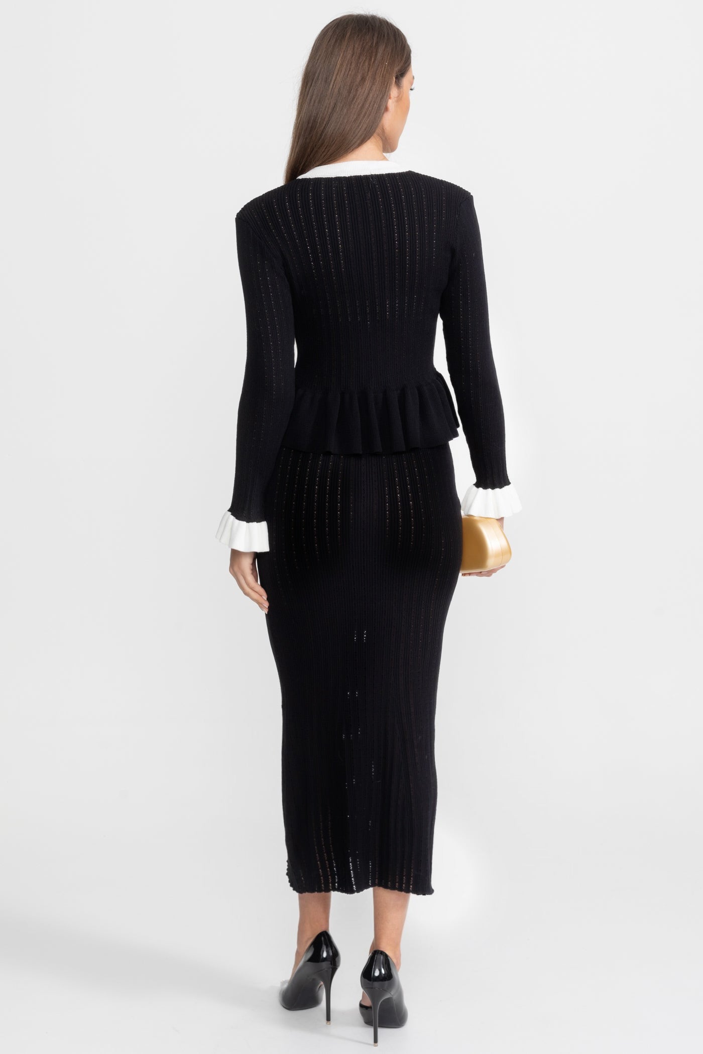 Ensemble Midi en Maille Pointelle avec Bordure Contrastée – Noir 
