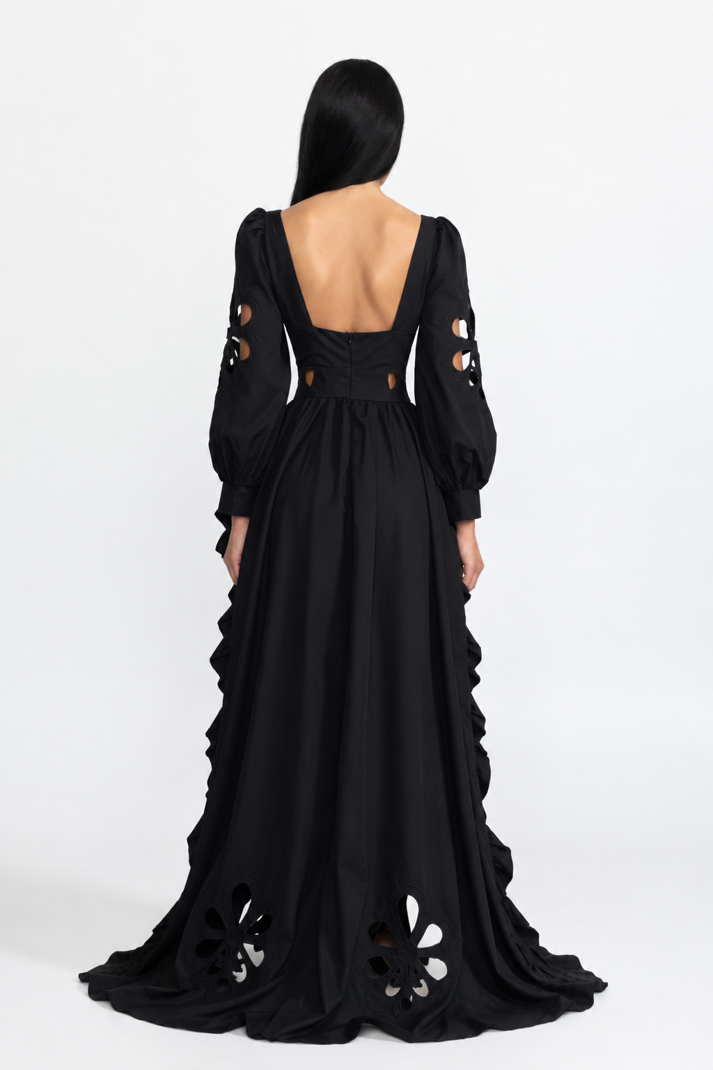 Robe asymétrique à volants, manches bouffantes et découpes brodées - Noir 
