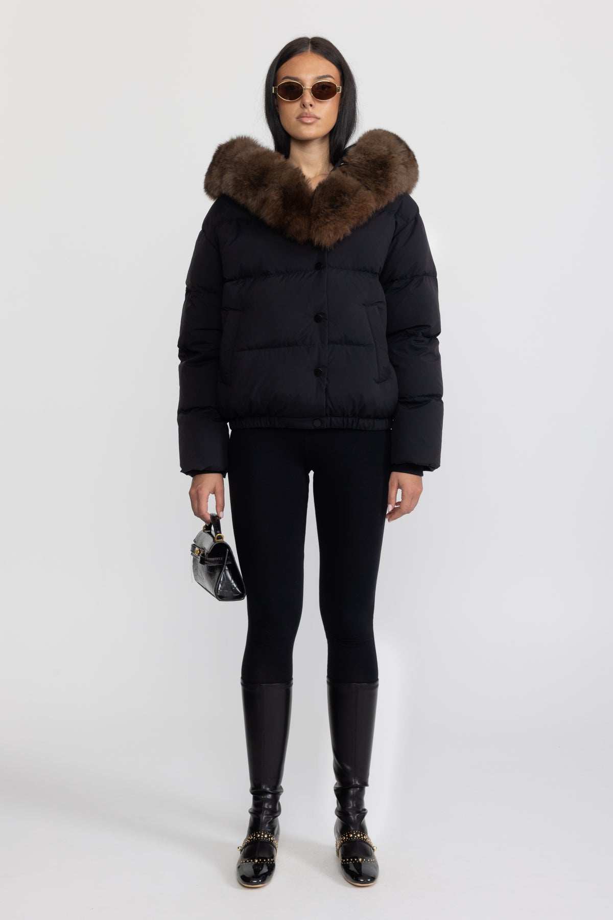 Doudoune courte en duvet à capuche bordée de fourrure de renard - Noir 