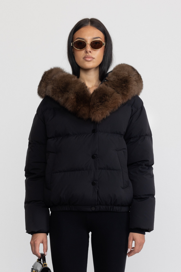 Doudoune courte en duvet à capuche bordée de fourrure de renard - Noir 
