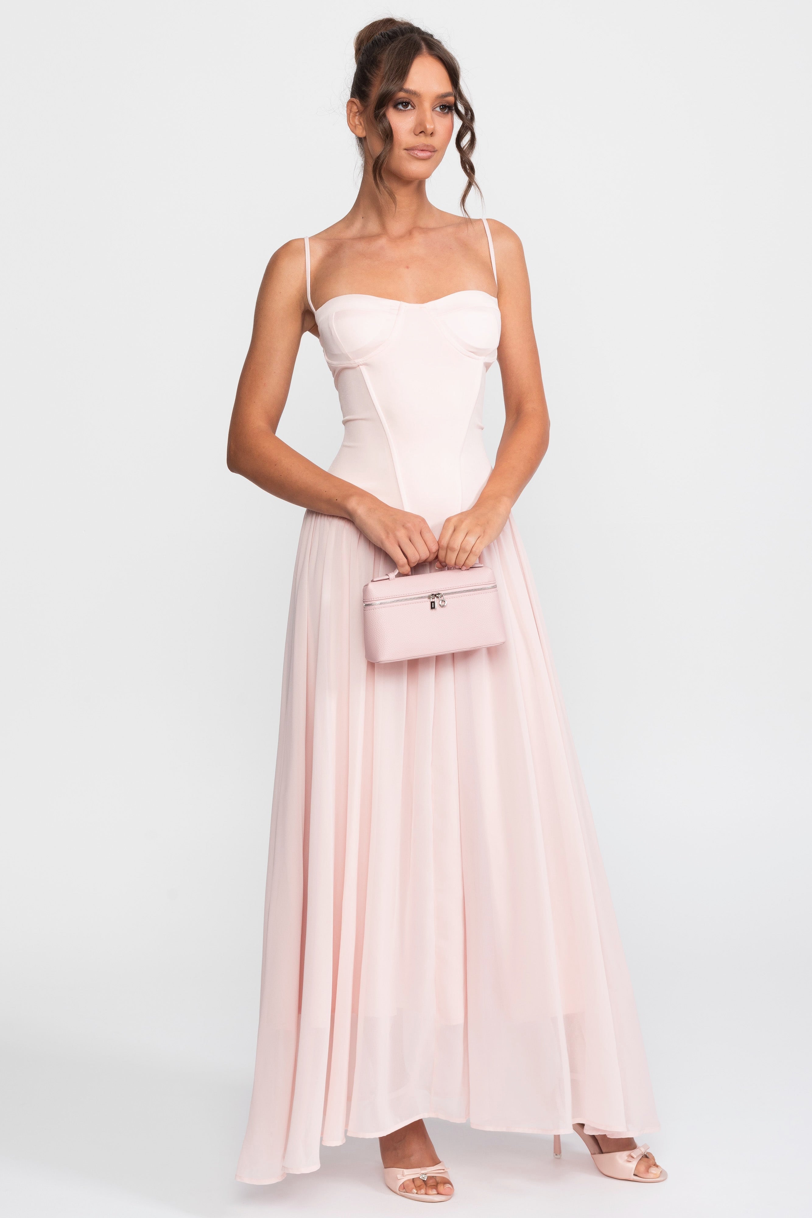 Robe en mousseline avec corsage corset et taille basse - Rose 
