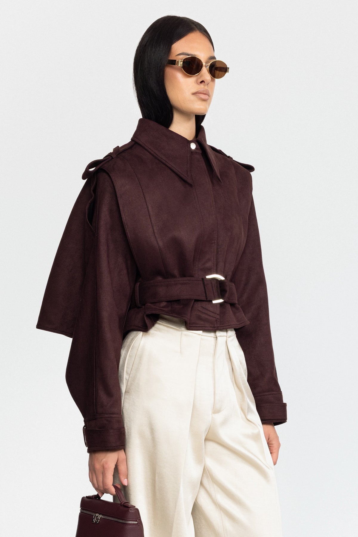 Cape-jacket en daim ceinturée - bordeaux 