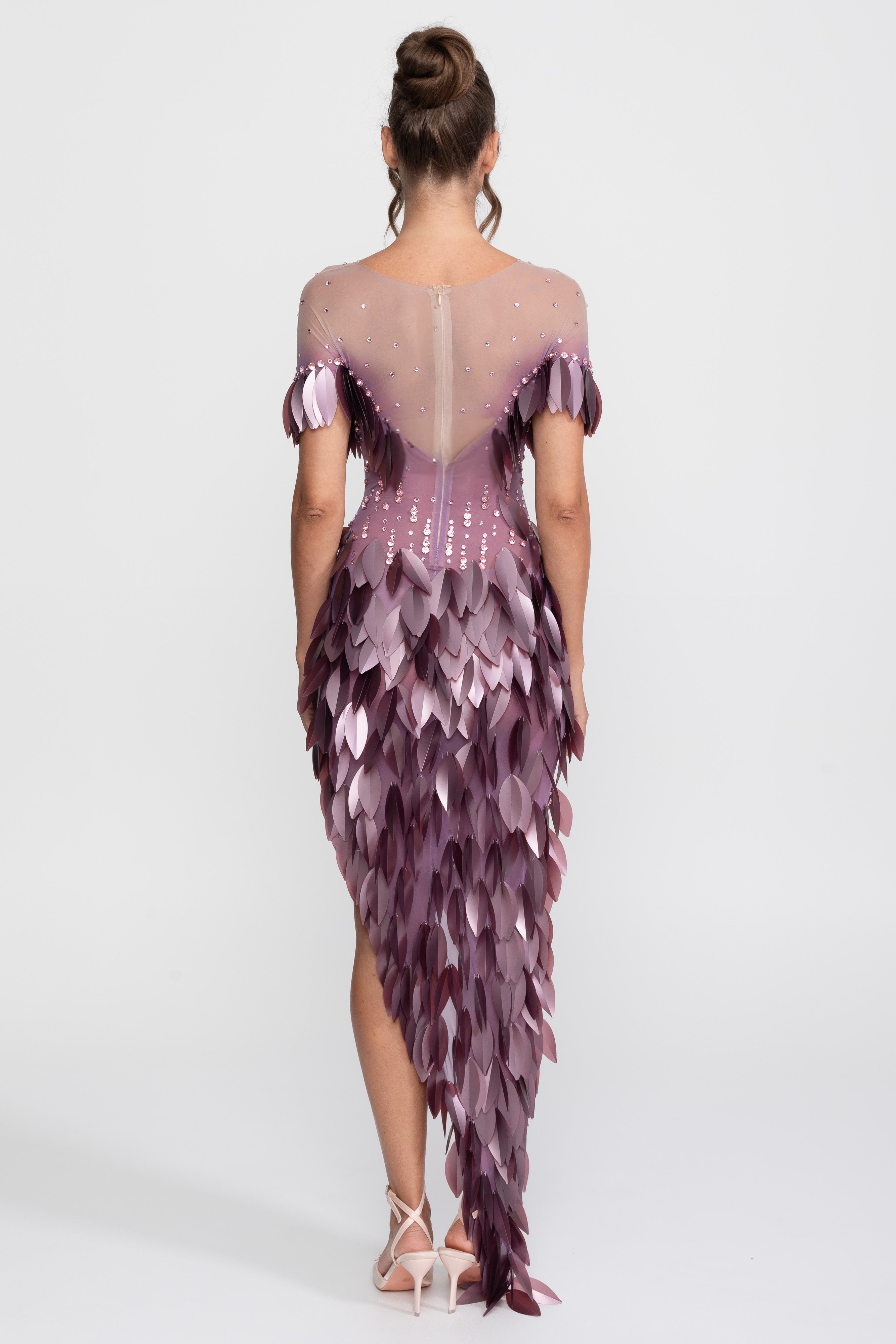 Robe fendue à manches courtes avec pétales 3D perlés - Violet 