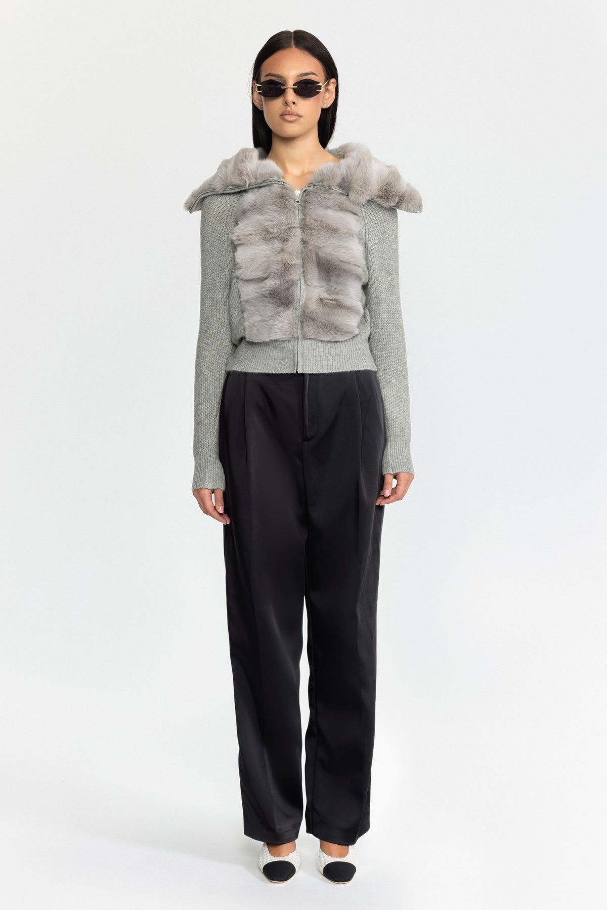 Cardigan zippé en maille à empiècement en fourrure de lapin - Gris 