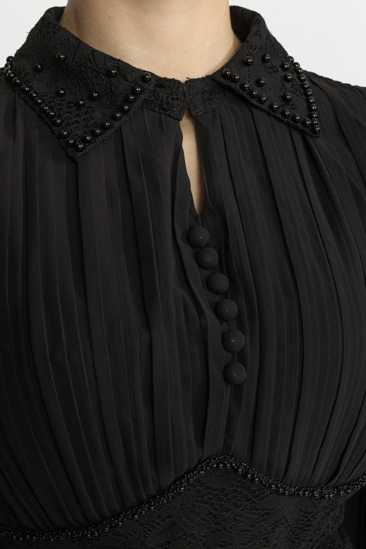 Pleated Chiffon Lace Peplum Blouse and Maxi Skirt Set - Black
