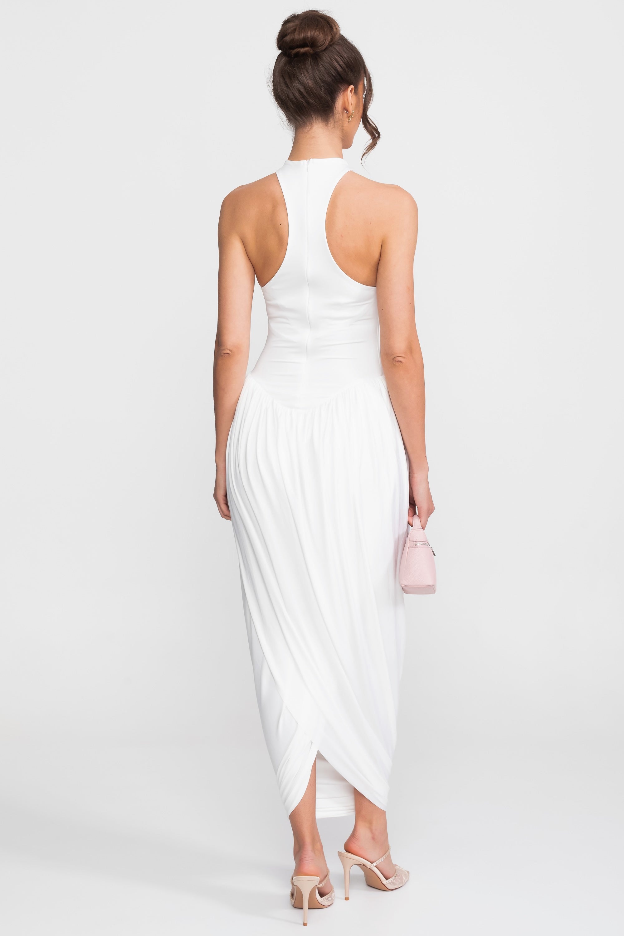 Robe longue à col halter avec jupe ballon froncée - Blanc 