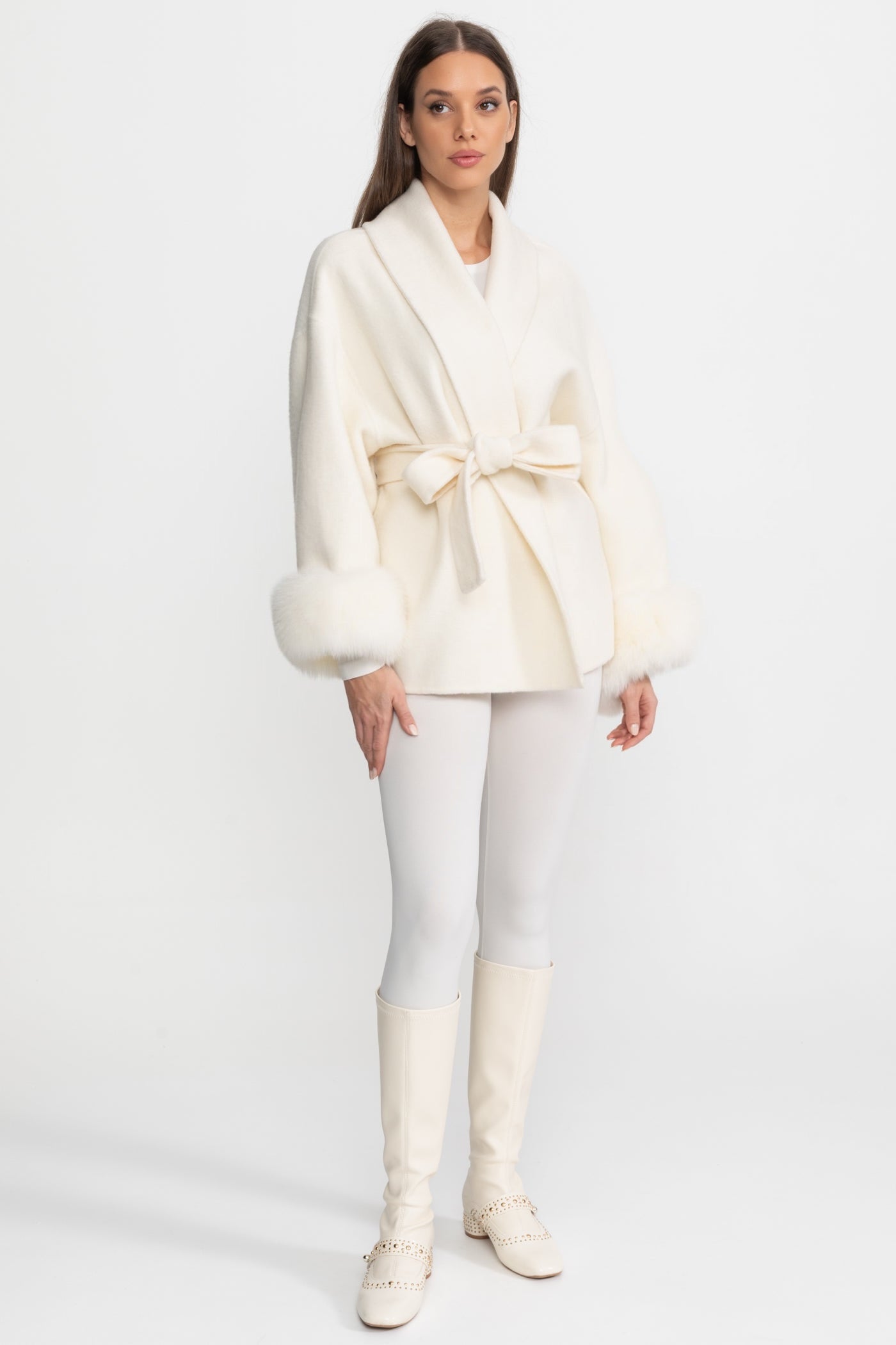 Veste portefeuille en mélange de laine avec poignets en fourrure de renard - Ivoire 