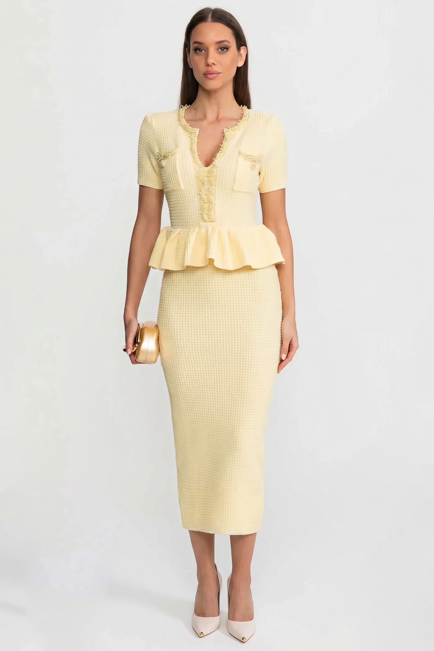 Robe Midi en Maille Texturée avec Détail Taille Peplum – Jaune 
