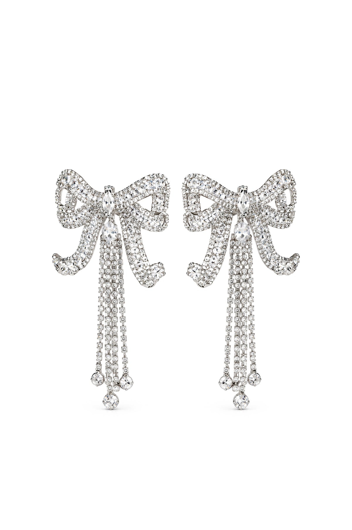 Crystal Bow Fringe Drop Earrings - Silver