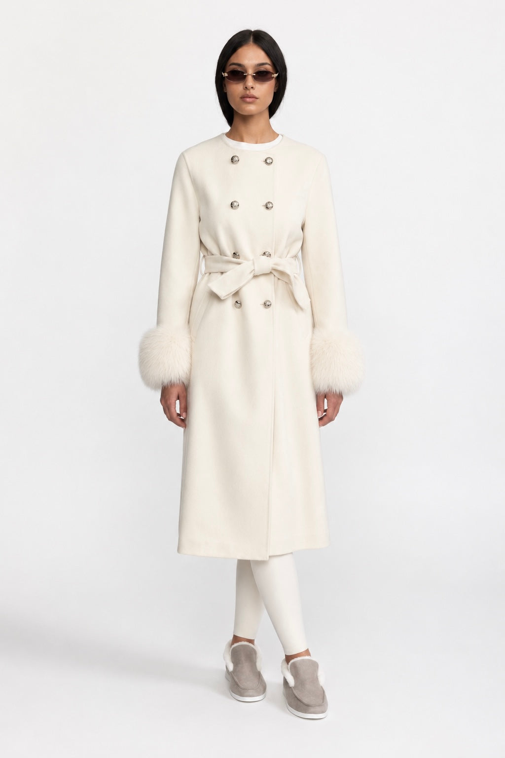 Embellished Capelet Wool Coat with Fox Fur Cuffs - Ivoire
