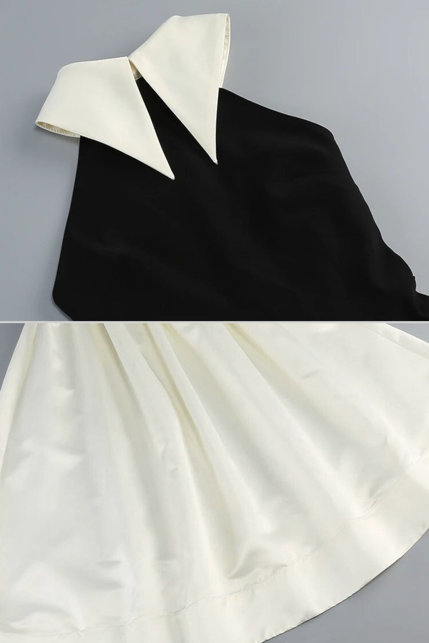 Robe longue dos nu avec col en satin et jupe ample – Noir/Ivoire 