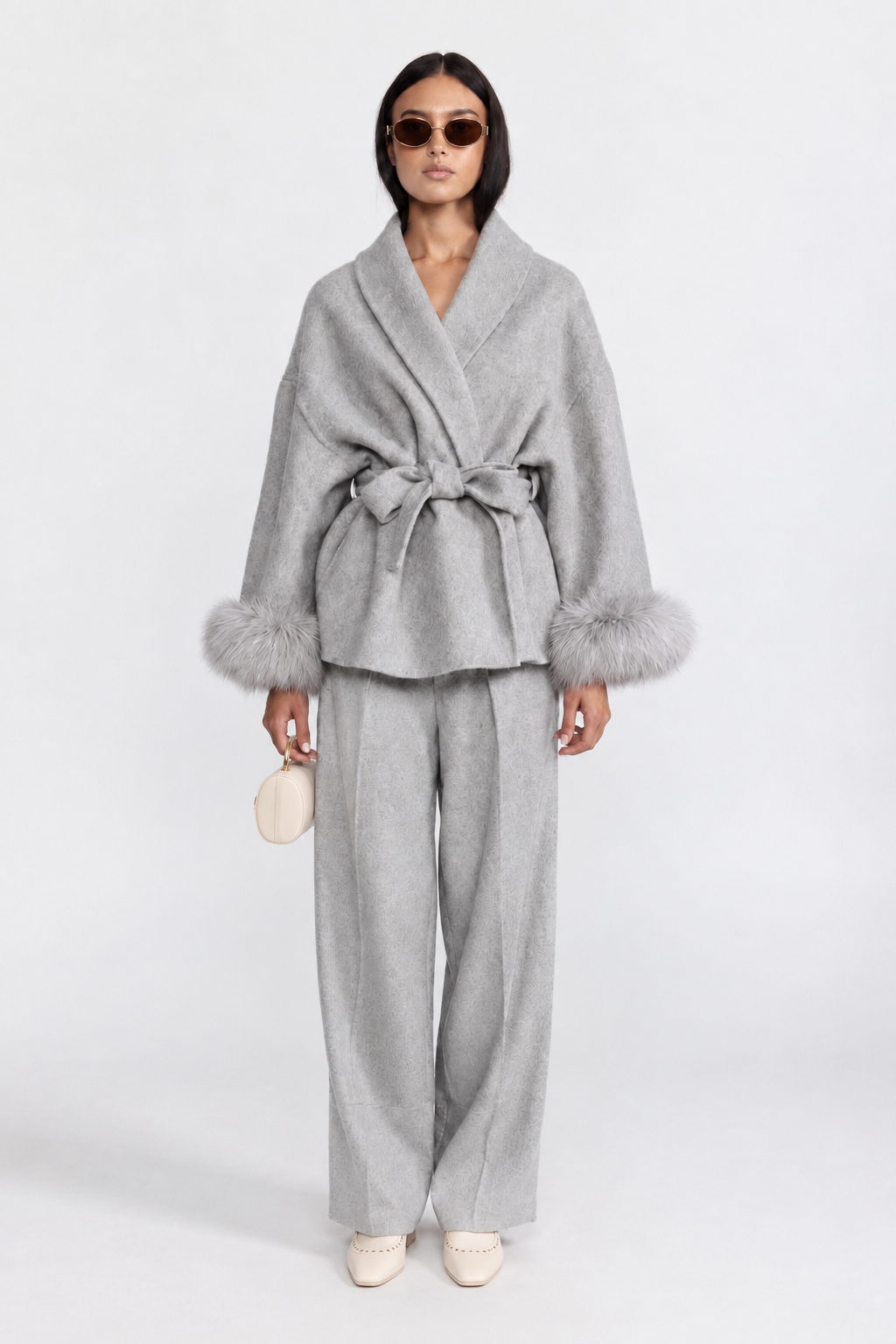 Wool Blend Wrap Jacket with Fox Fur Cuffs - Grey
