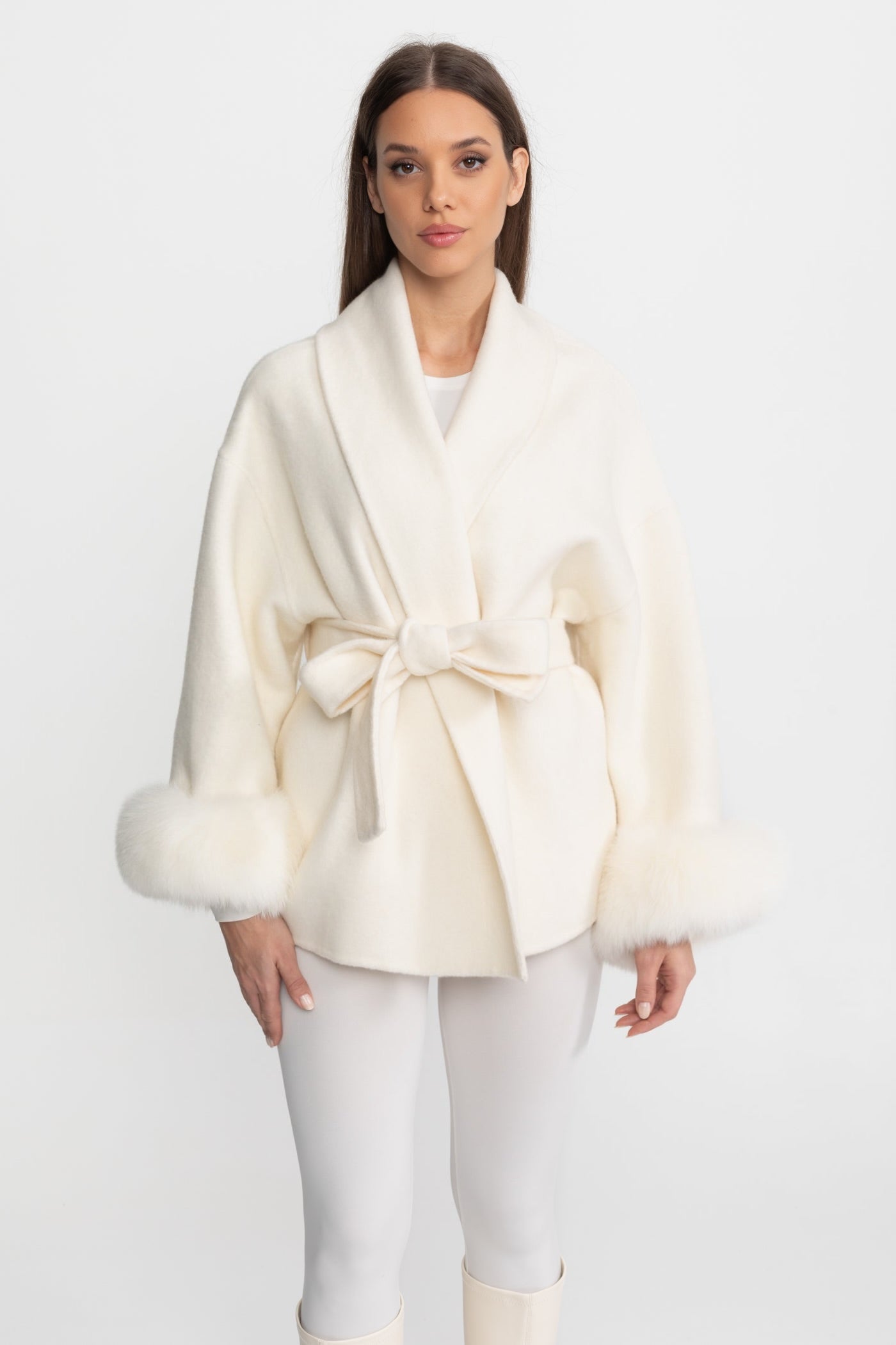 Wool Blend Wrap Jacket with Fox Fur Cuffs - Ivoire
