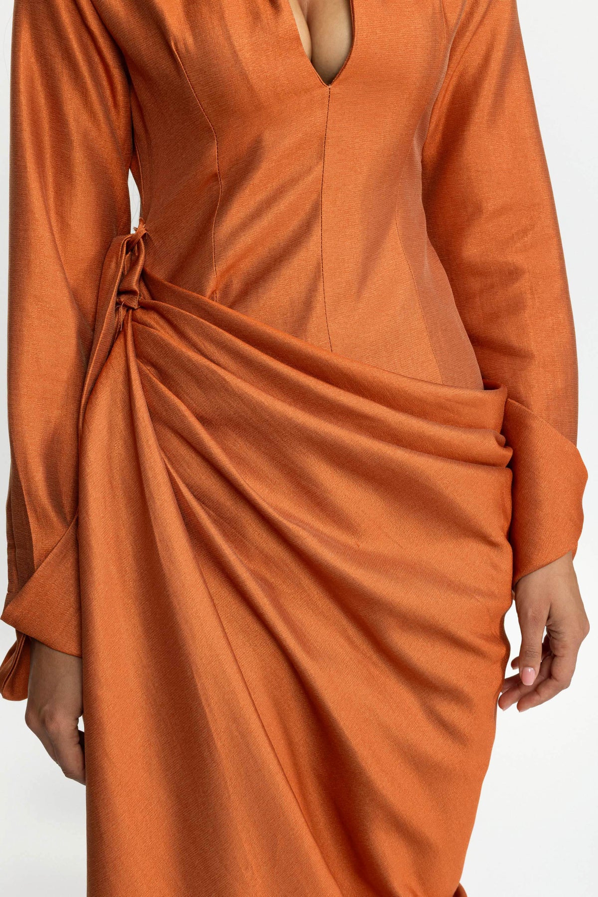 Robe longue portefeuille drapée à col plongeant - orange brûlé 