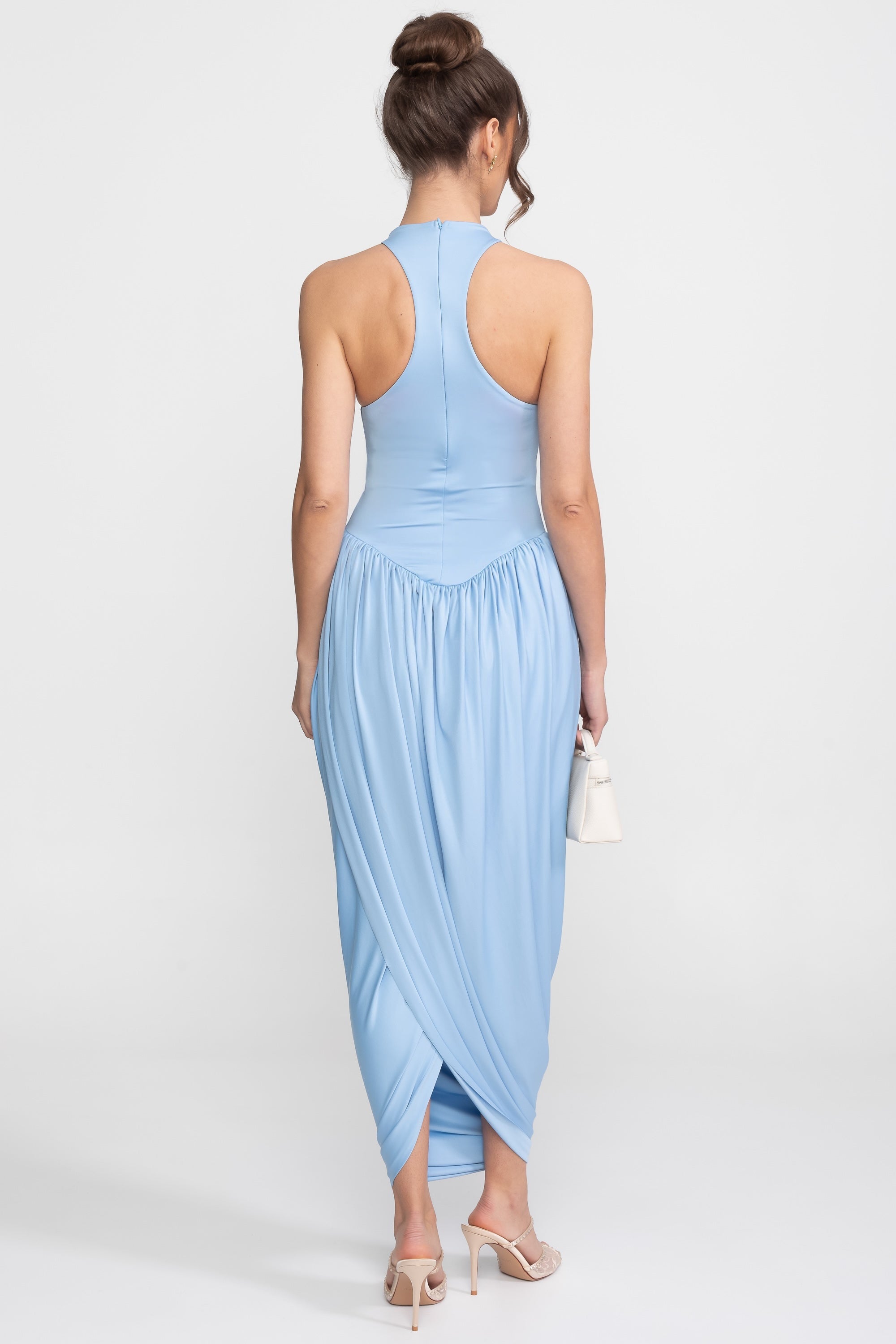 Robe longue à col halter avec jupe ballon froncée - Light Blue 