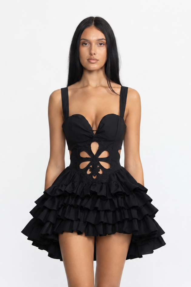 Robe mini à volants avec découpes fleurs brodées - Noir 