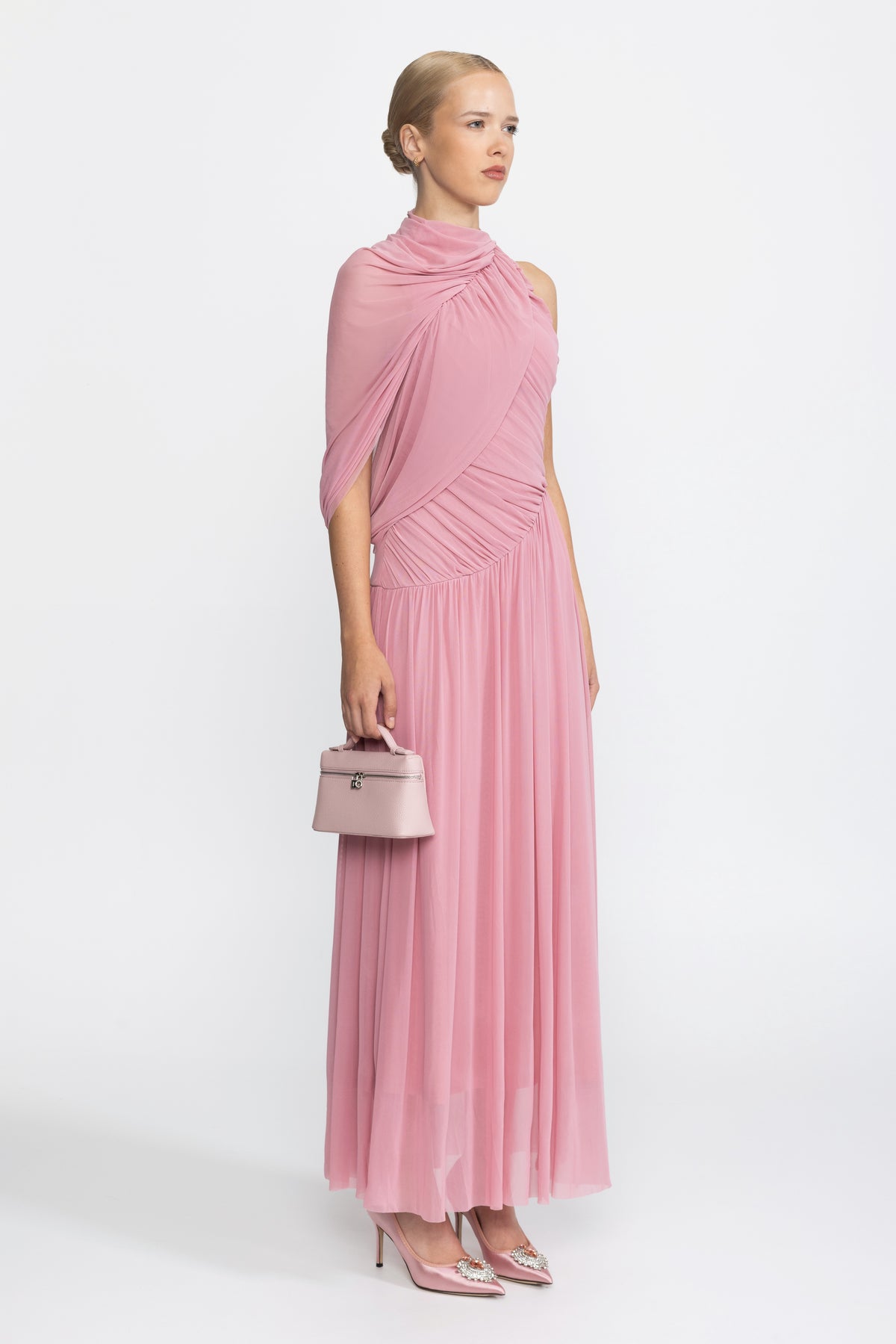 Robe longue en maille à col écharpe drapé - Rose 