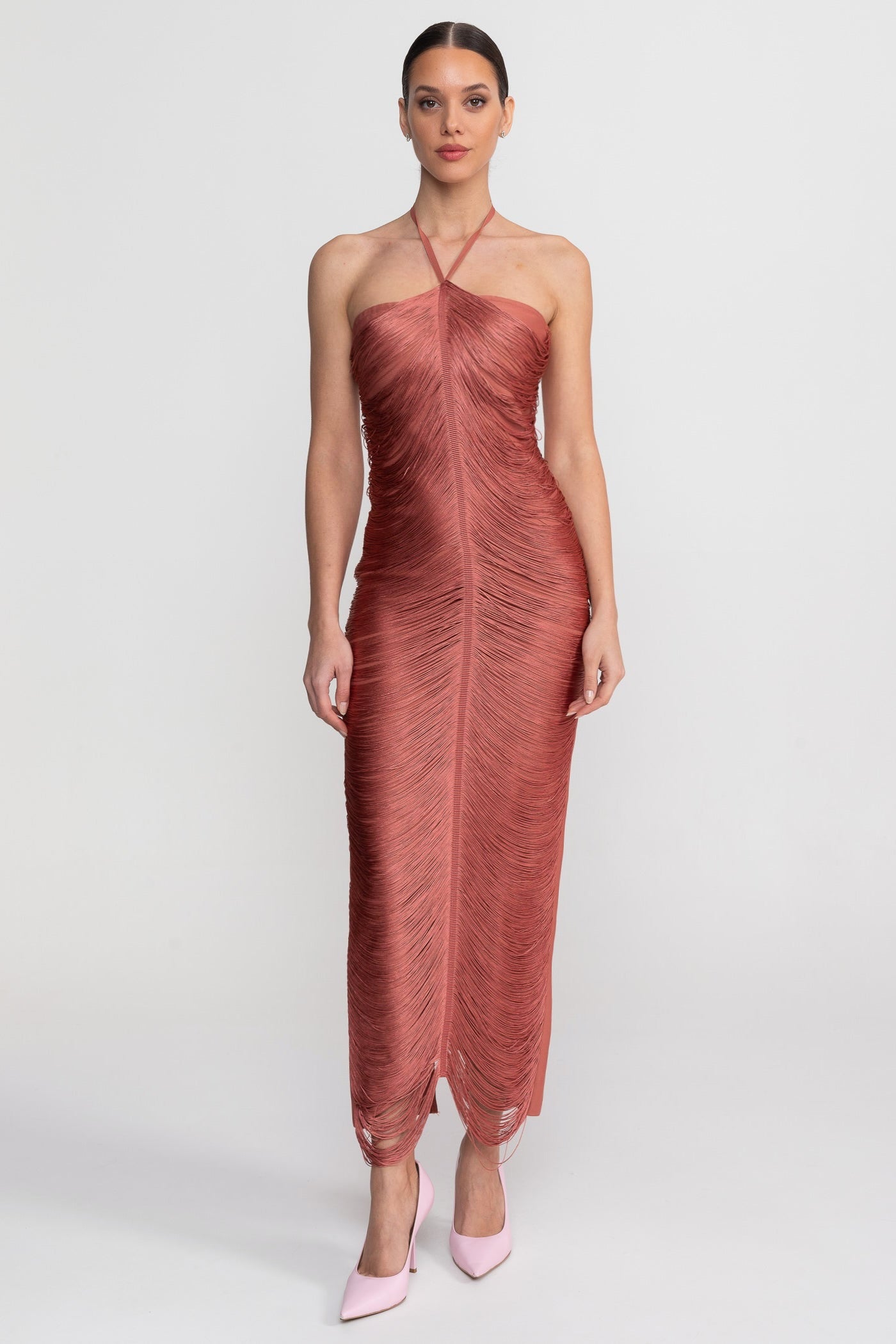 Robe midi à col licou avec texture plissée intégrale - Marron clair 