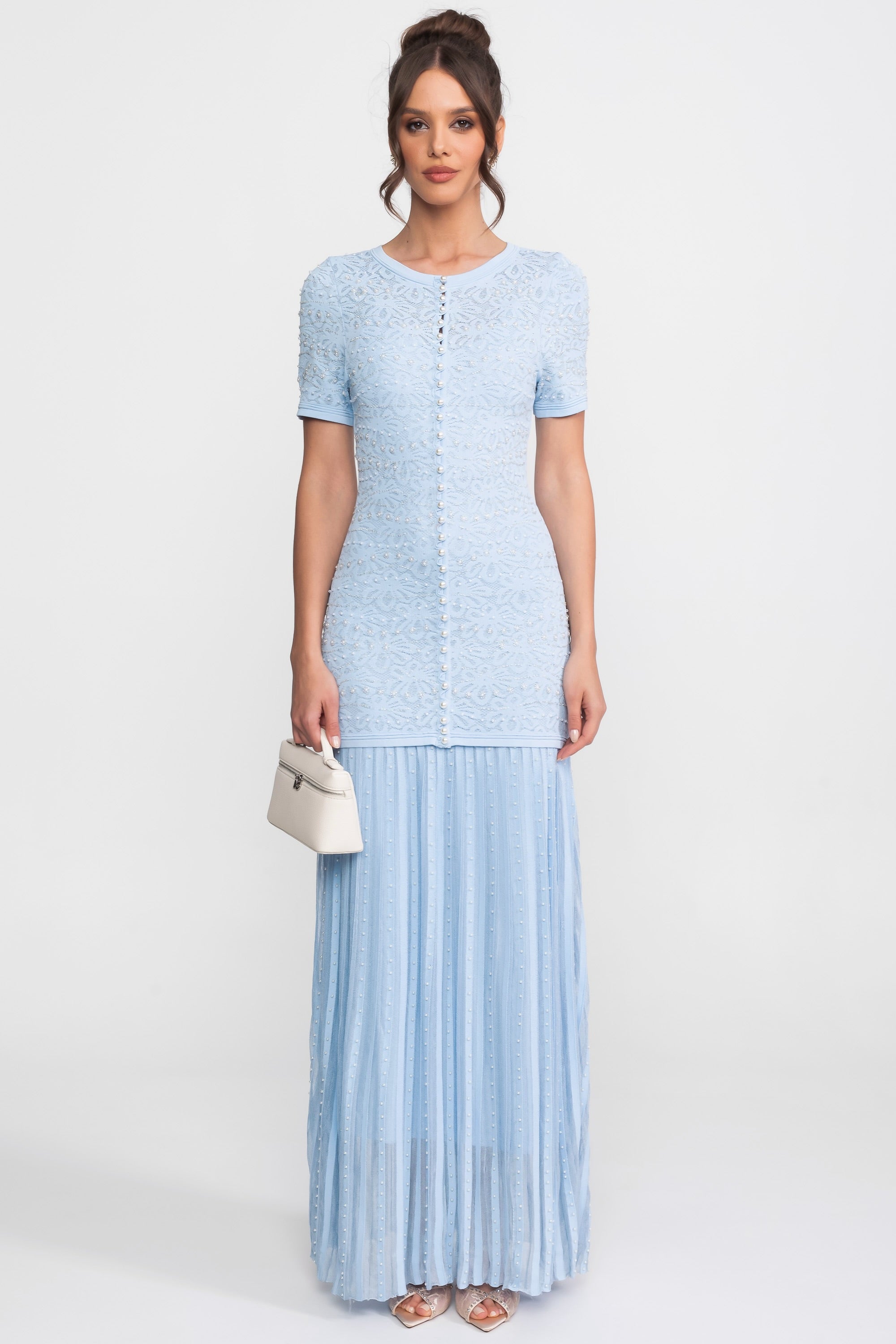 Robe midi à manches courtes ornée de perles - Powder Blue 