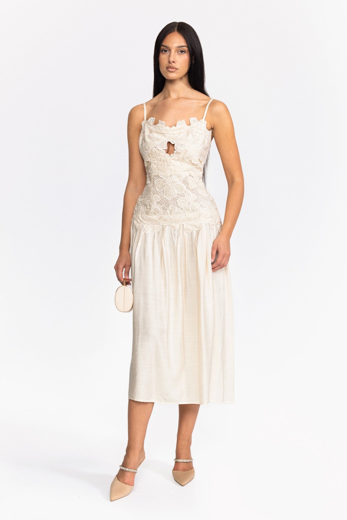 Robe midi à taille basse ornée d’appliqués floraux - blanc cassé 