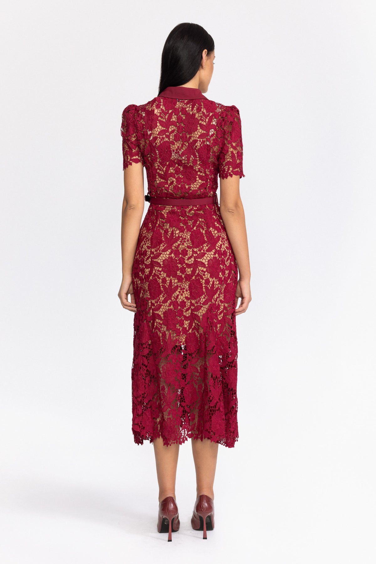 Robe chemise midi en guipure à boutons bijoux - Wine 