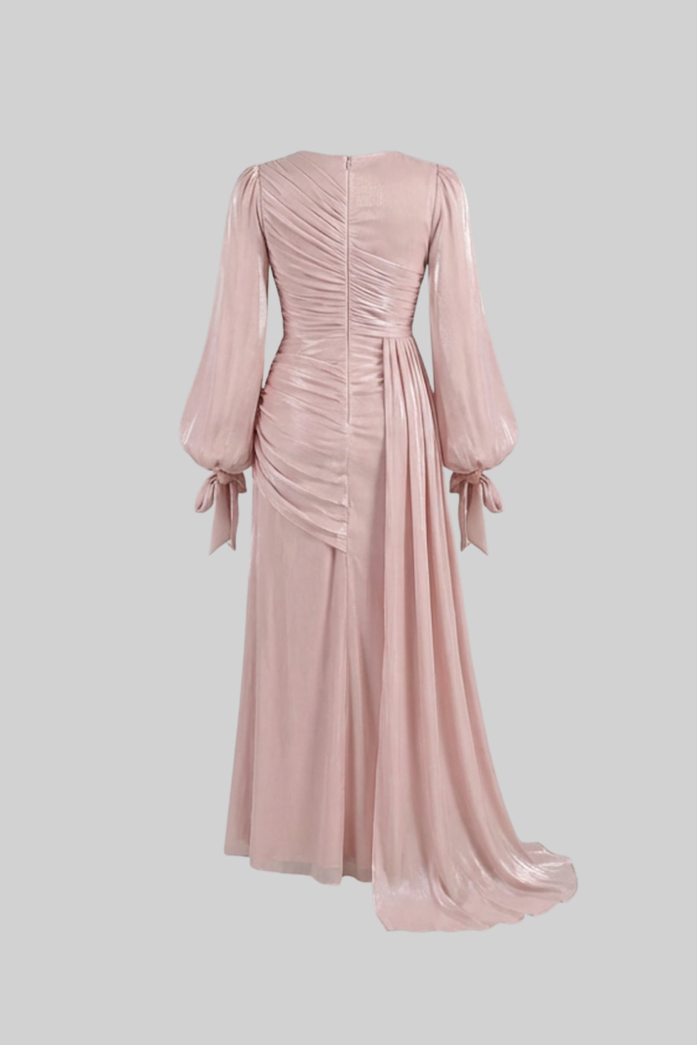 Draped Long-Sleeve Maxi Dress with Gathered Waist – Blush Pink
