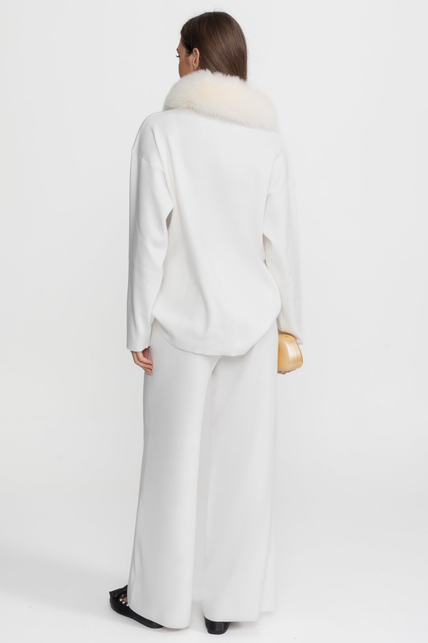 Ensemble coordonné Knit Lounge avec col en fourrure de renard – Blanc 