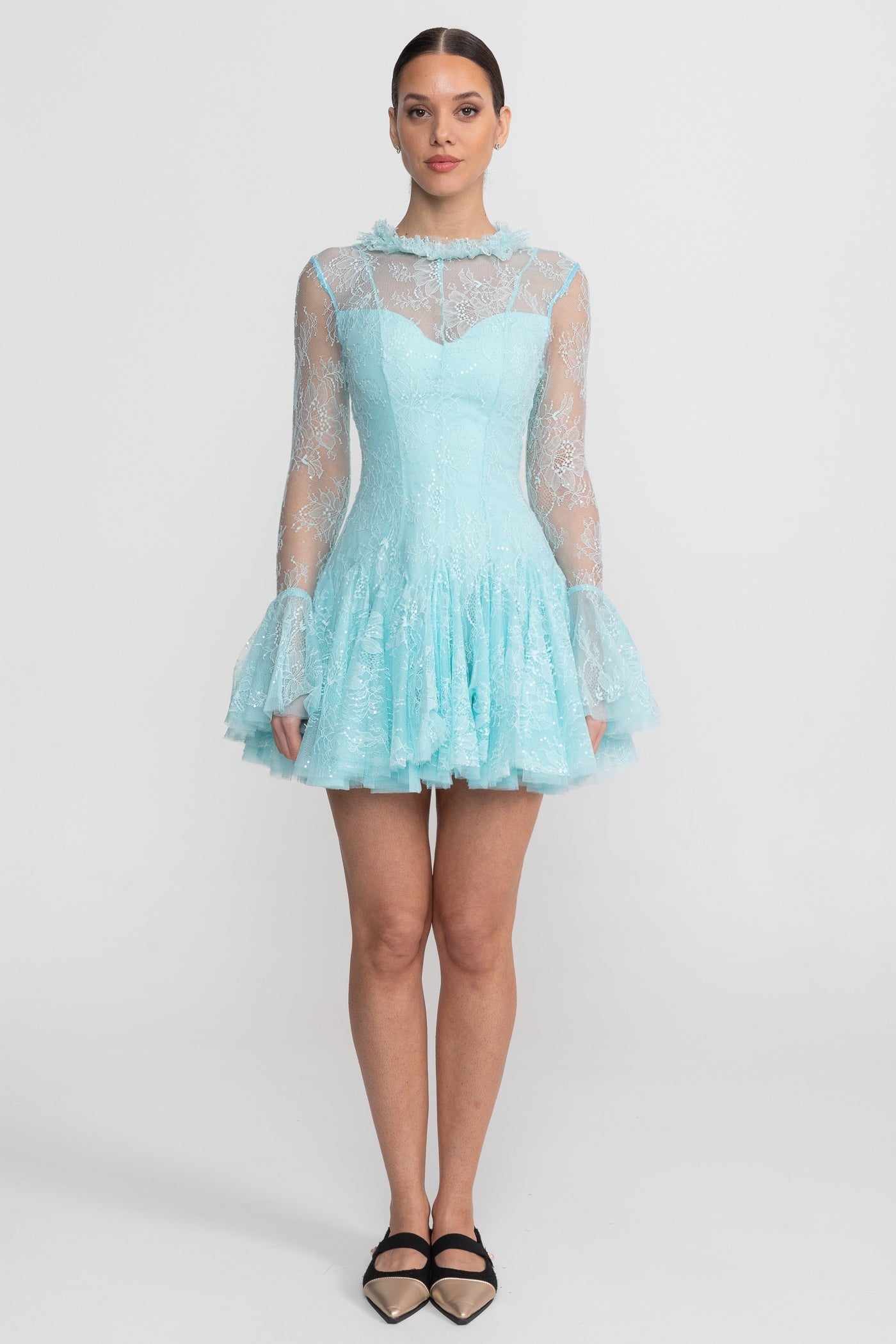 Robe Mini à Manches Longues en Dentelle Transparente avec Ourlet à Volants - Teal 