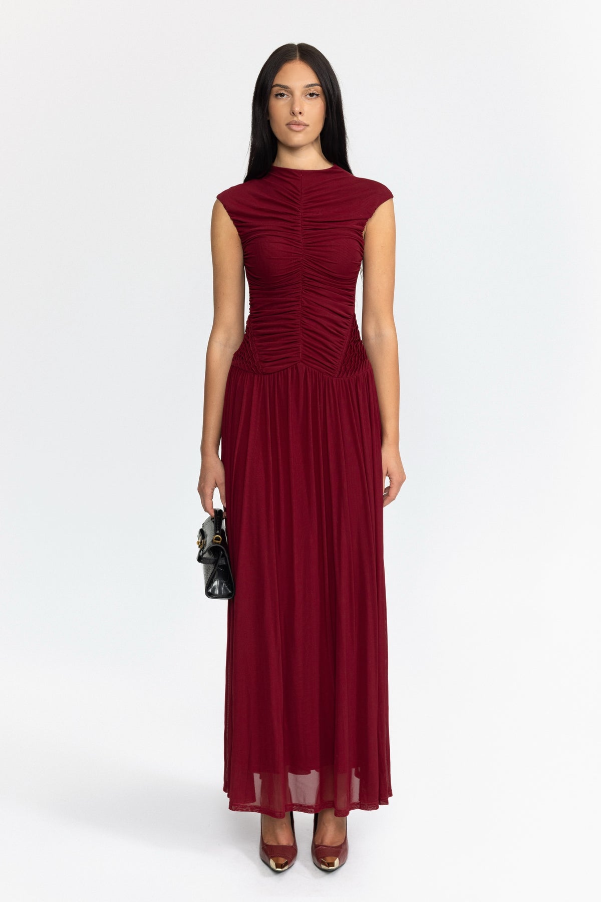 Robe longue taille basse en mesh froncé - Wine 