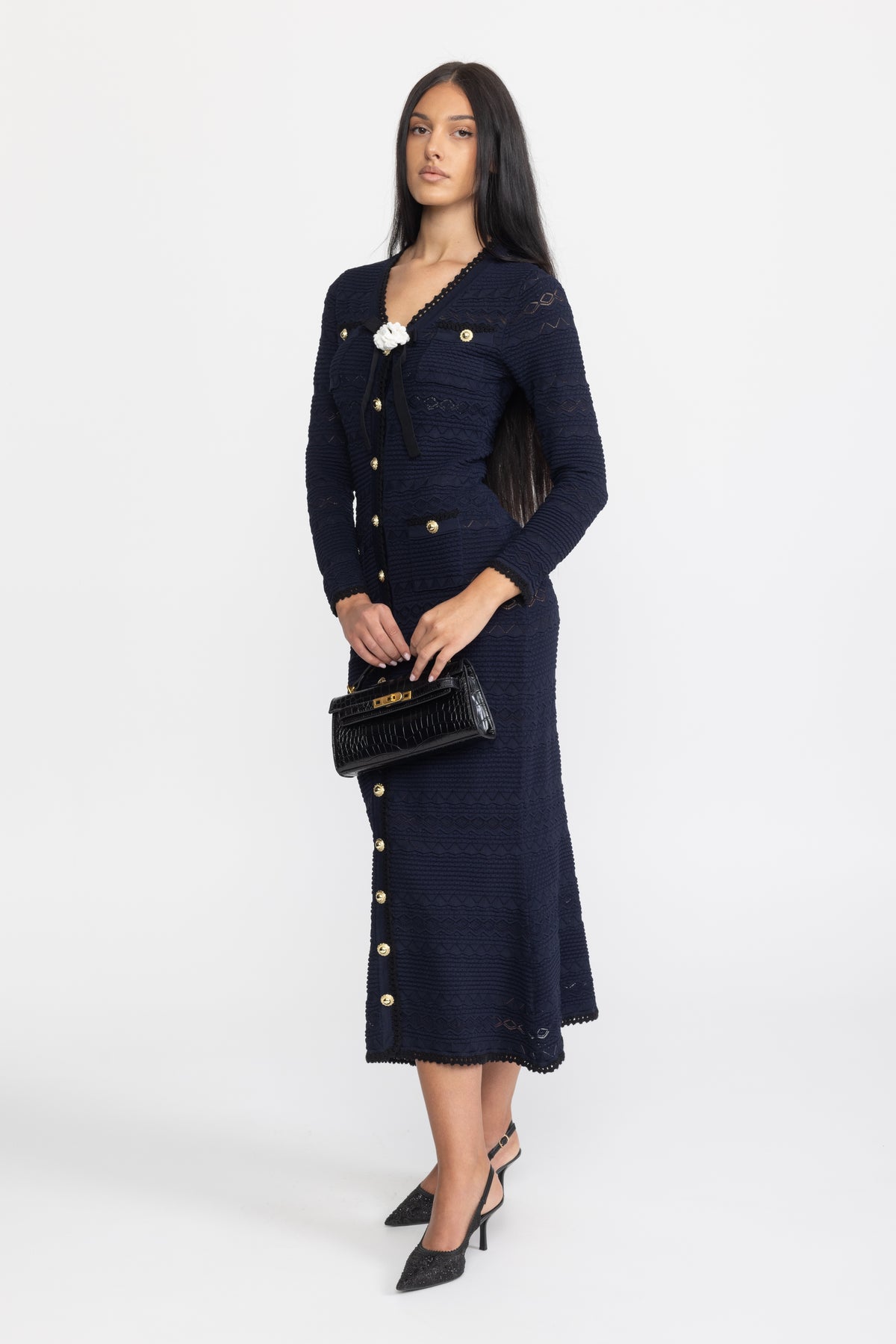 Crochet Trim Knit Button Midi Dress with Flower Brooch - Navy