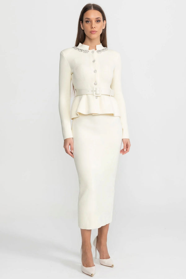 Robe midi à taille peplum et col en cristal – Ivoire 
