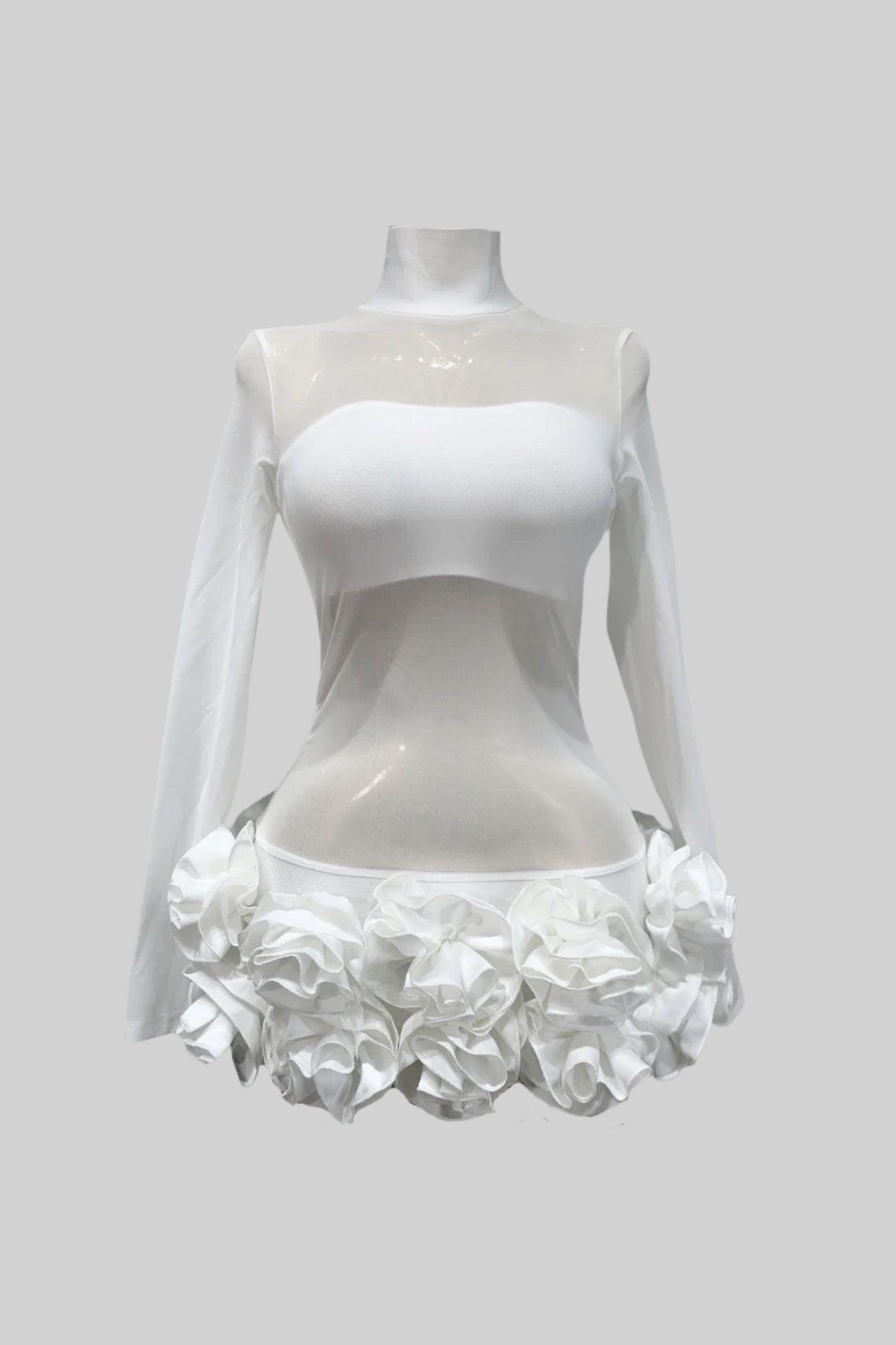 Robe mini fleurie transparente avec ourlet à rosettes 3D – Blanc 
