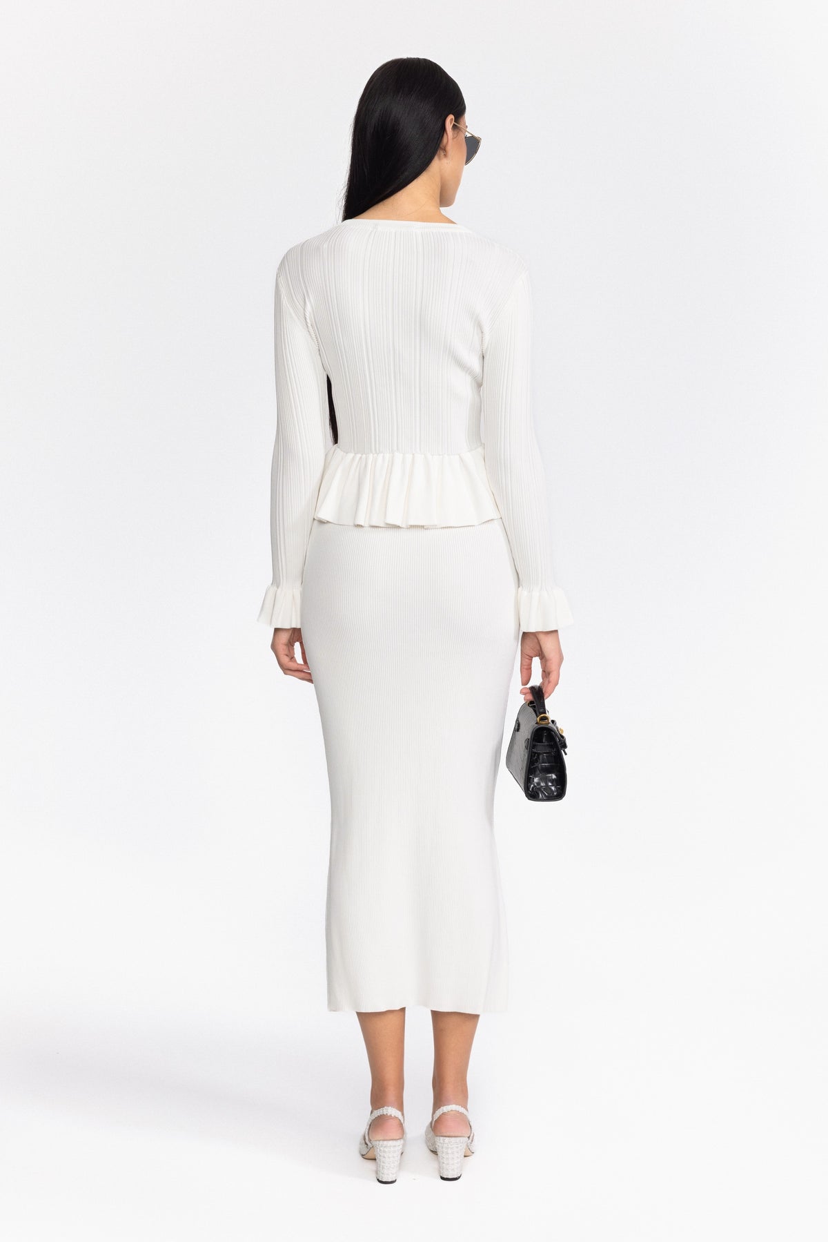 Ensemble cardigan péplum en maille côtelée et jupe midi - Blanc 