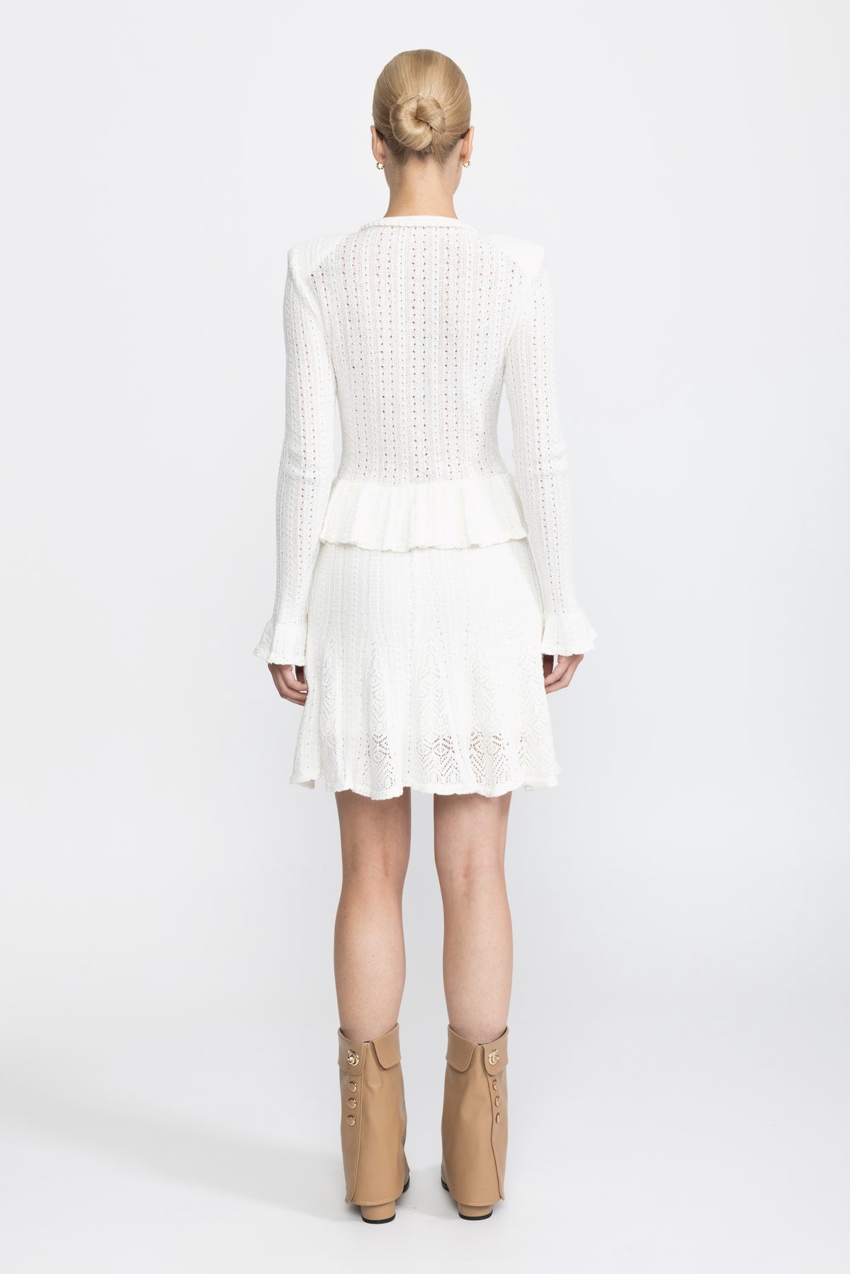 Robe mini peplum en maille pointelle à boutons fleur en perles - Blanc 